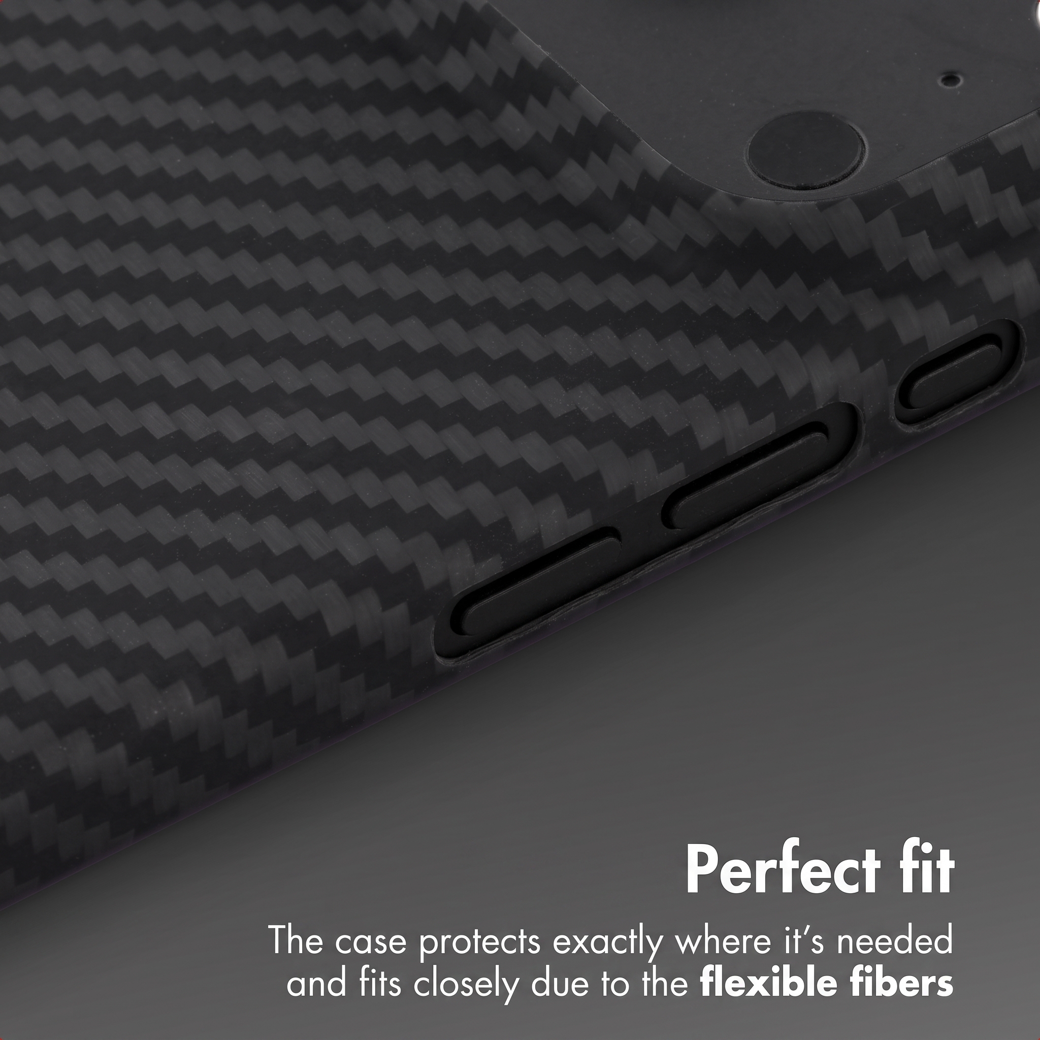Coque de téléphone en fibre de carbone noire avec boutons latéraux et texte Perfect fit.