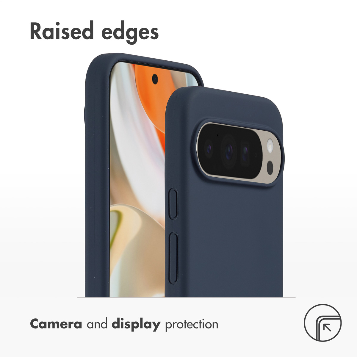 Dunkelblaue Handyhülle mit erhöhtem Rand für Kamera- und Display-Schutz auf weißem Hintergrund.