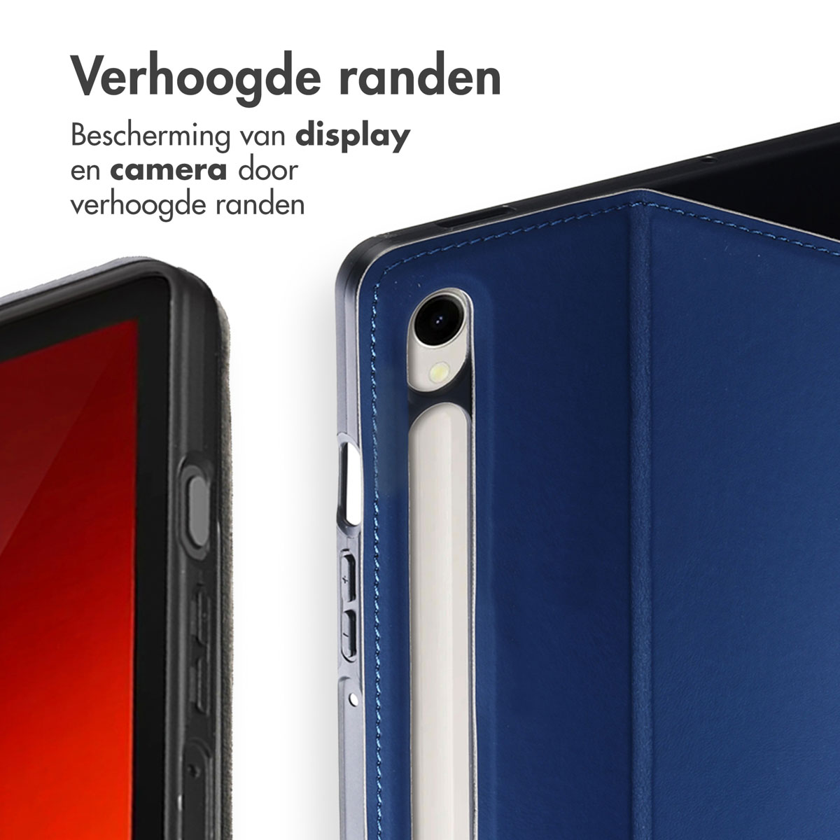 Blue tablet case with camera cutout and stylus holder, front shows raised display edge.