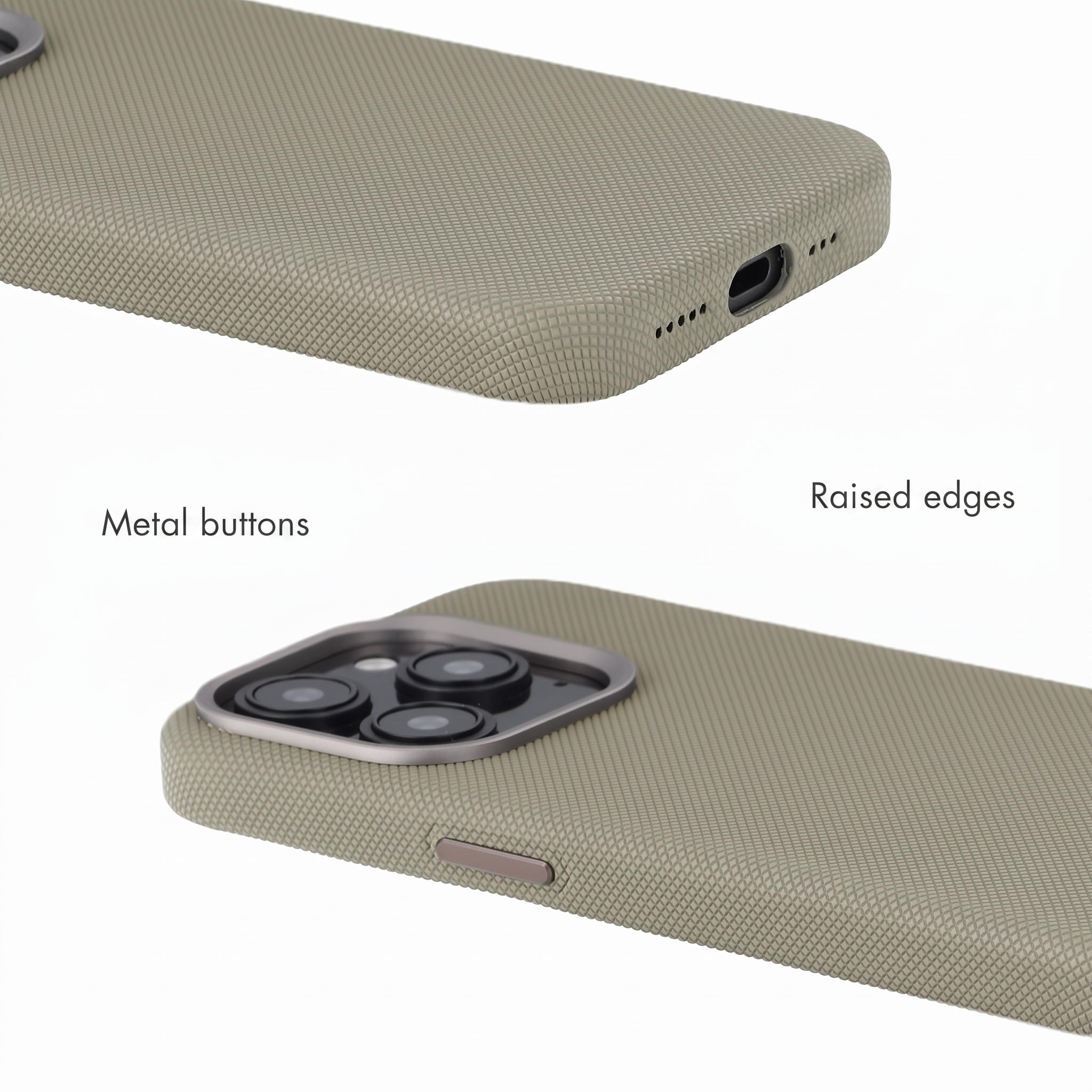 Olivgrüne, texturierte Smartphone-Hülle mit Metallknöpfen, erhöhten Rändern und unterem Anschluss.