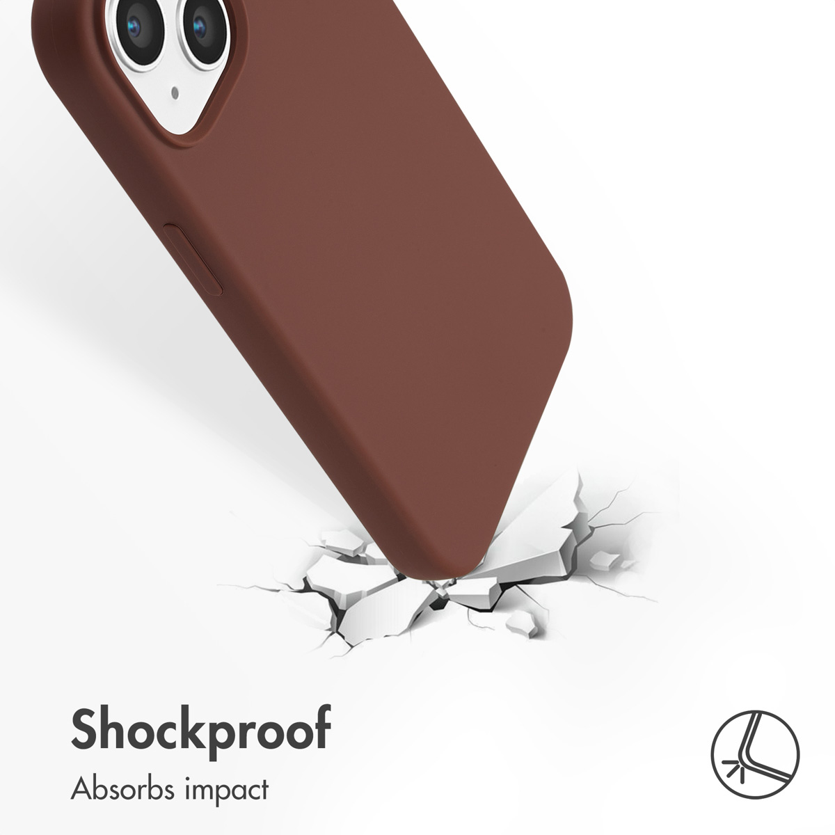 A brown phone case impacts a white, cracking surface to demonstrate shockproof protection.