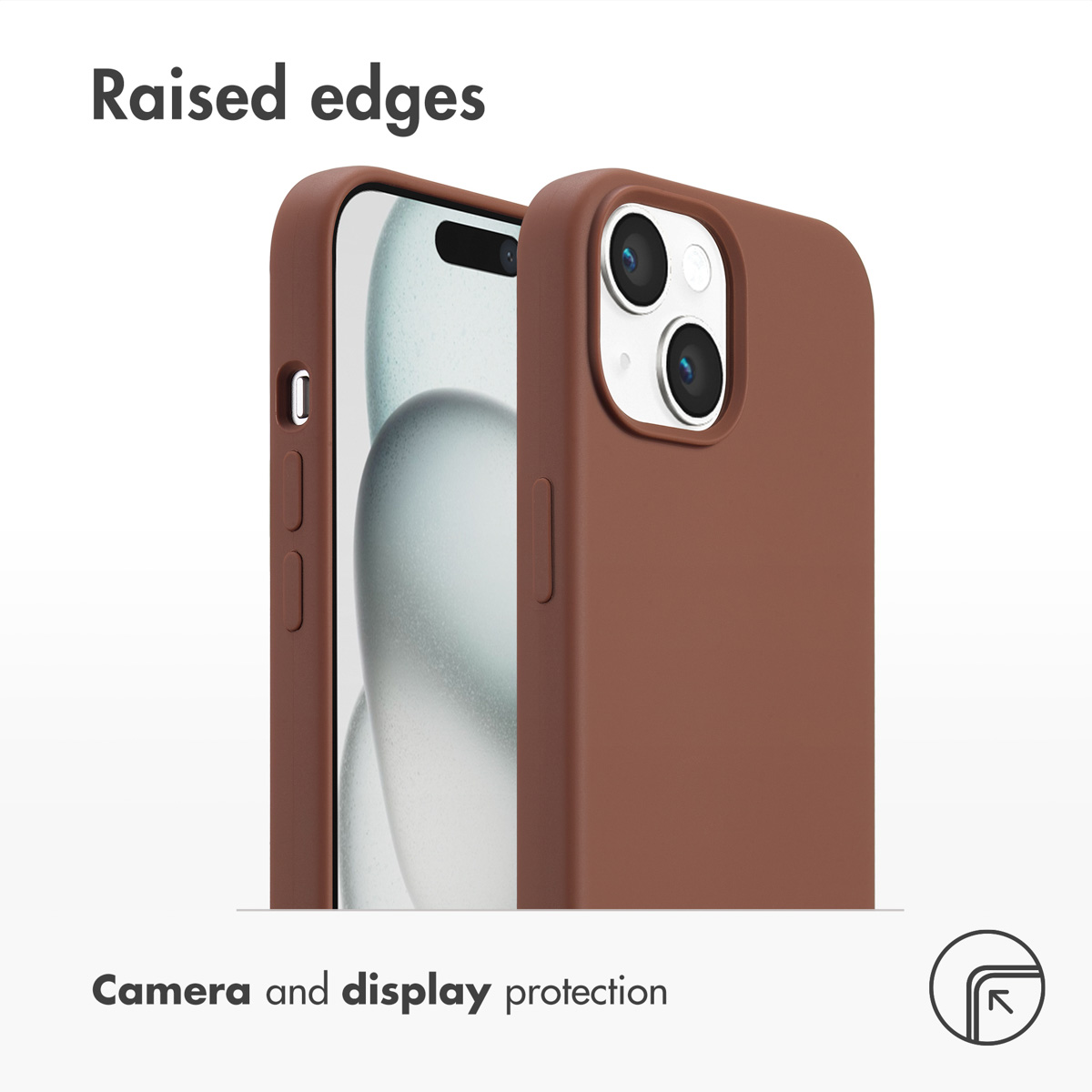 Brown protective smartphone case with raised edges for camera and display protection.