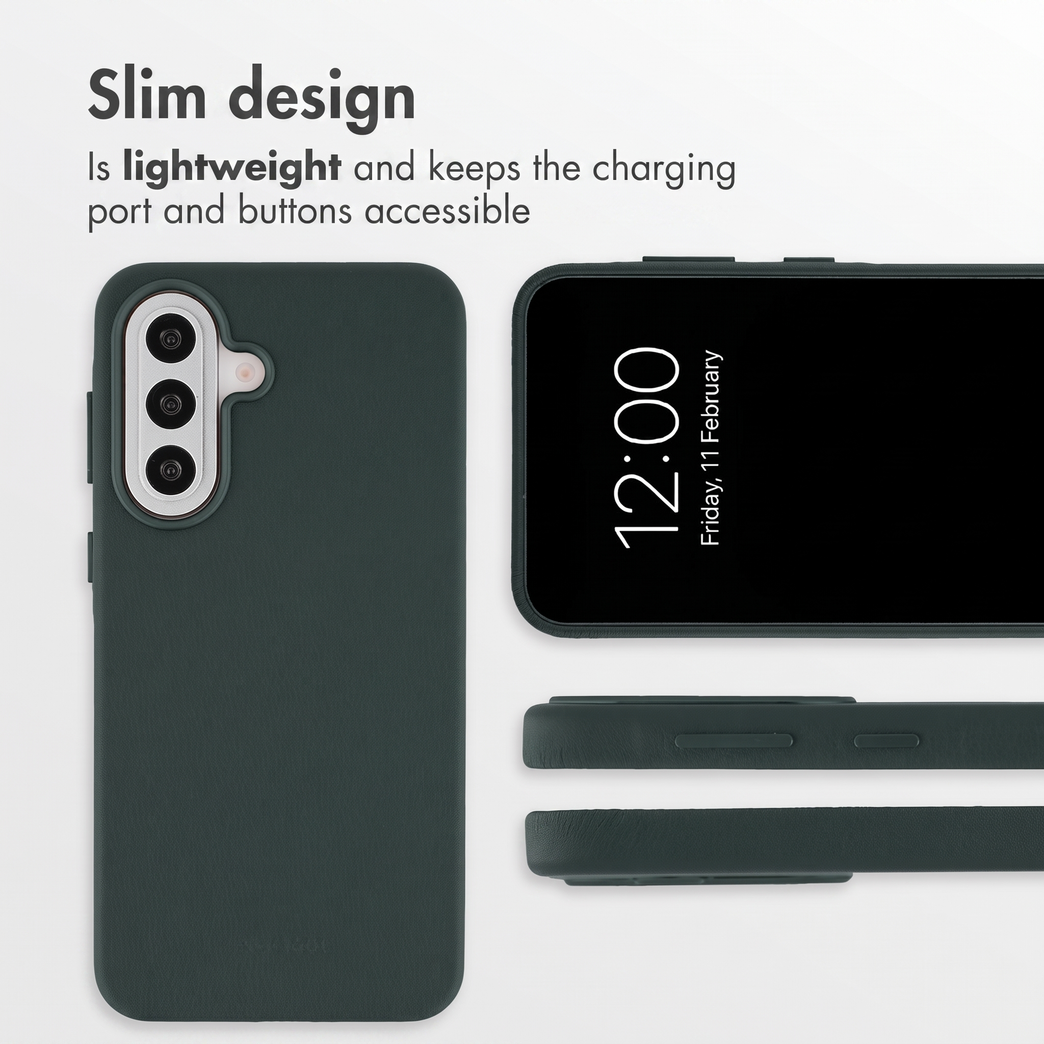 Funda para smartphone delgada de color verde oscuro con aberturas para la cámara.