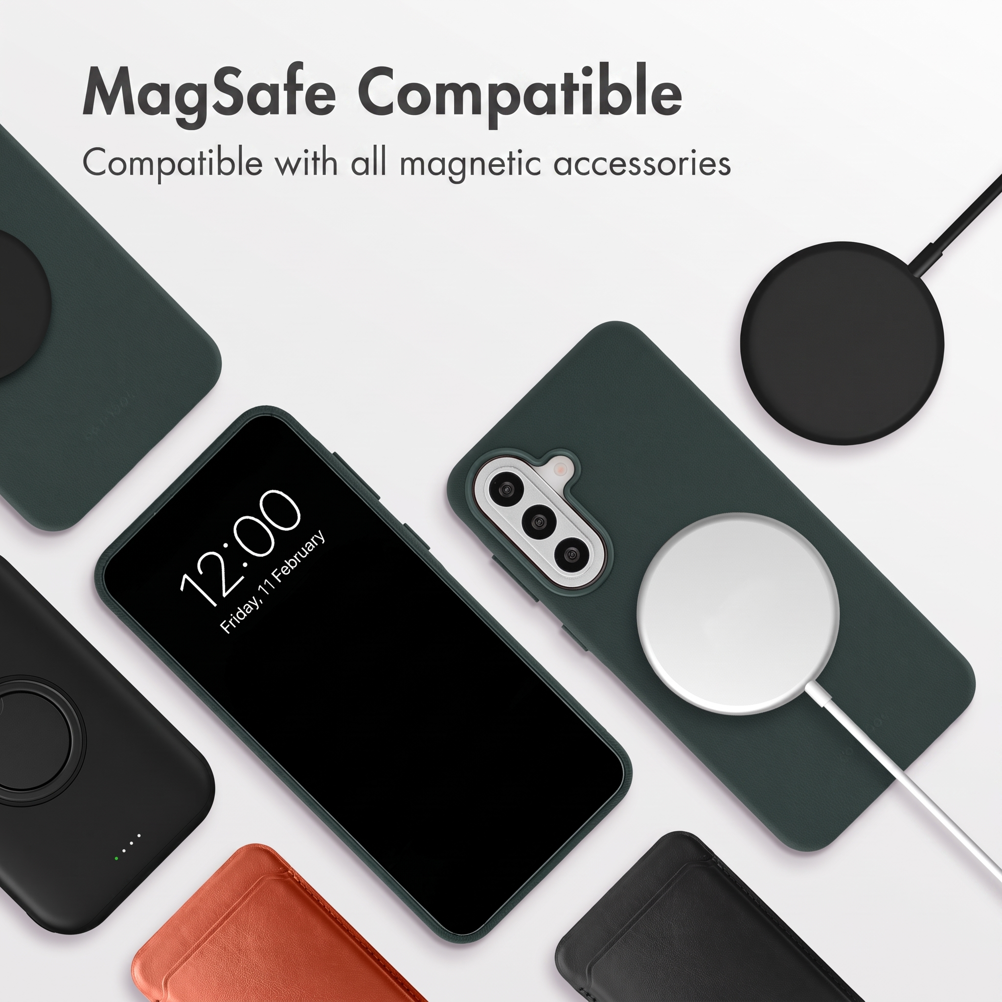 Funda de móvil compatible con MagSafe mostrada con un teléfono y cargador magnético en fondo blanco.