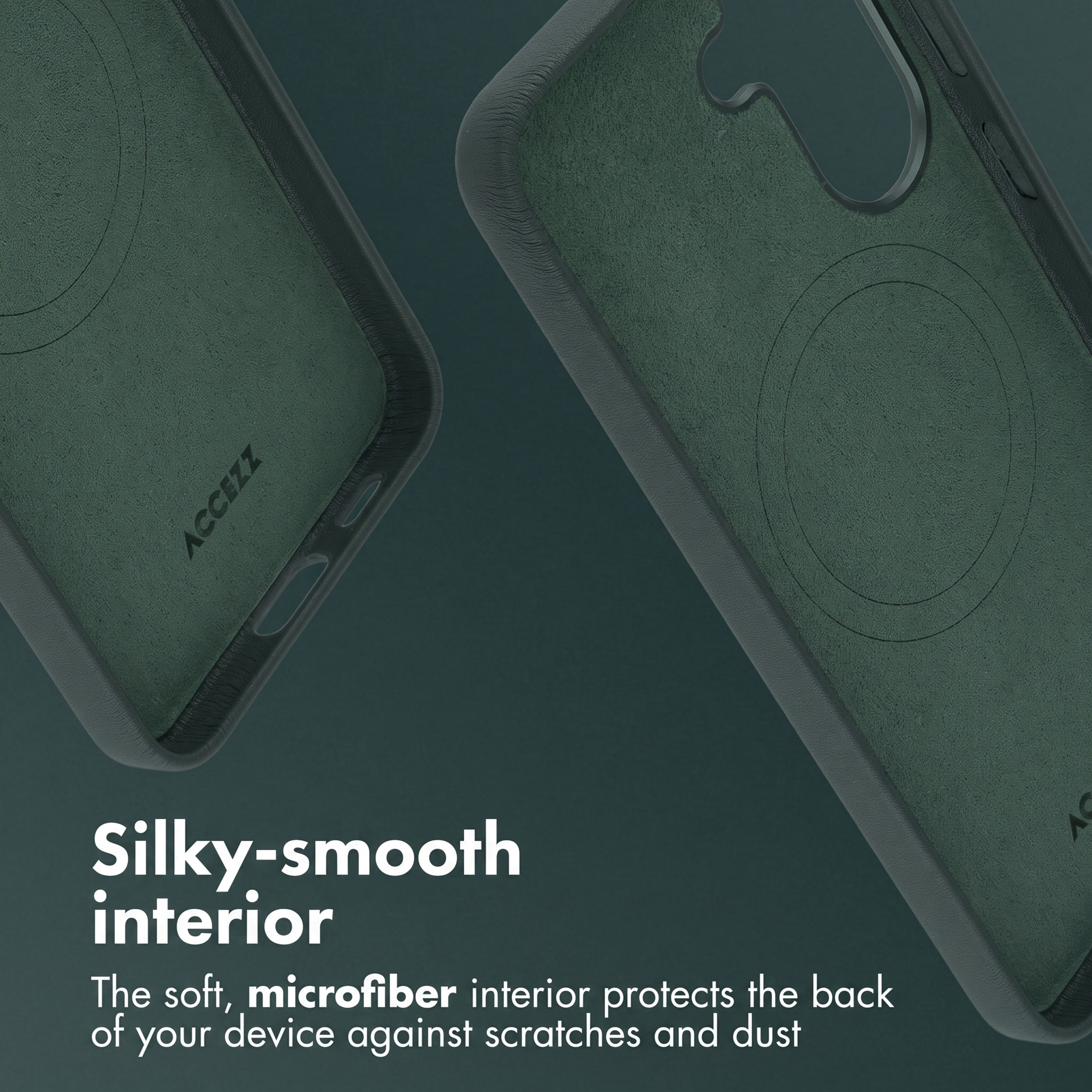 Dos fundas de móvil verdes con interior de microfibra suave sobre fondo verde oscuro.