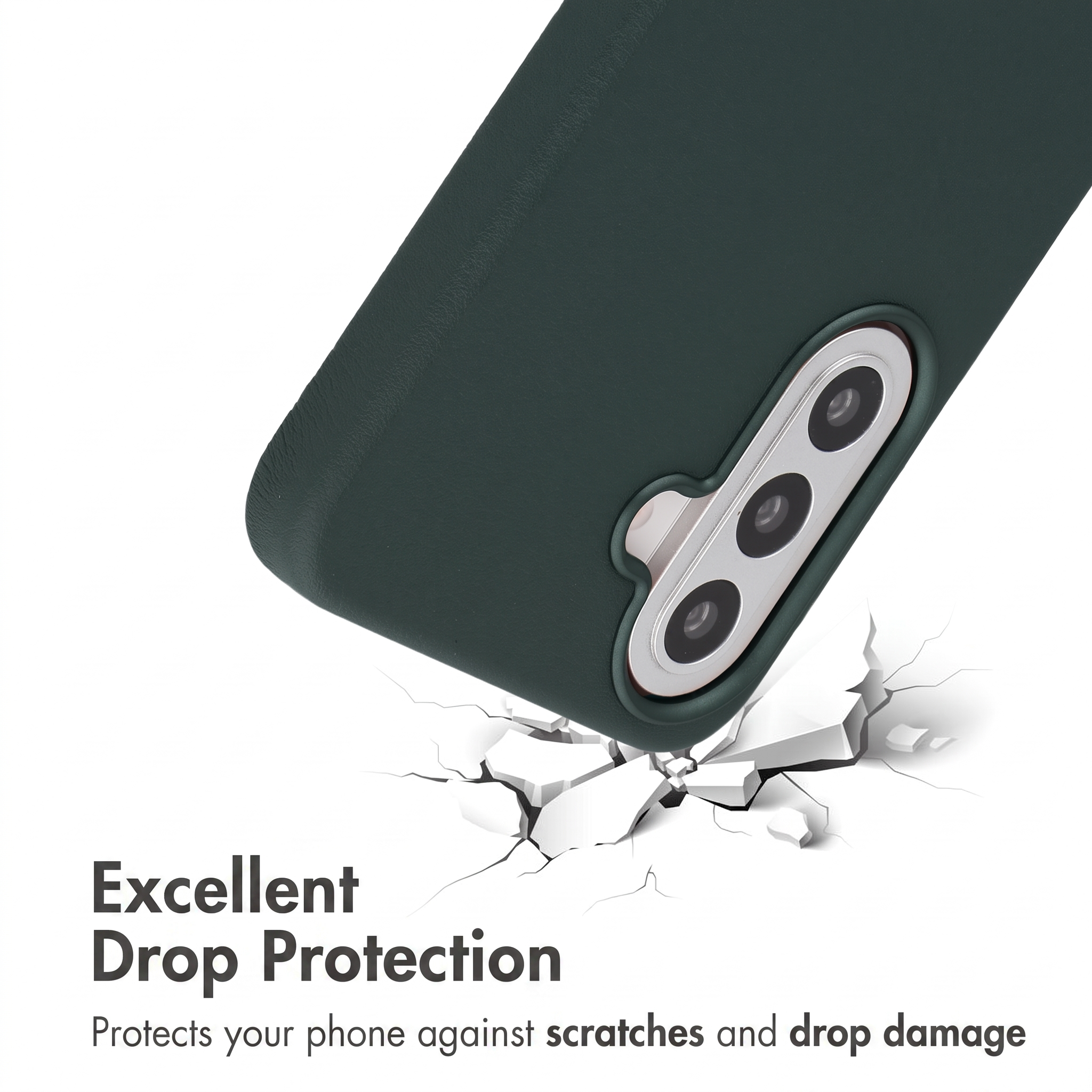Funda de móvil verde oscuro golpea una superficie agrietada, simbolizando protección contra caídas.