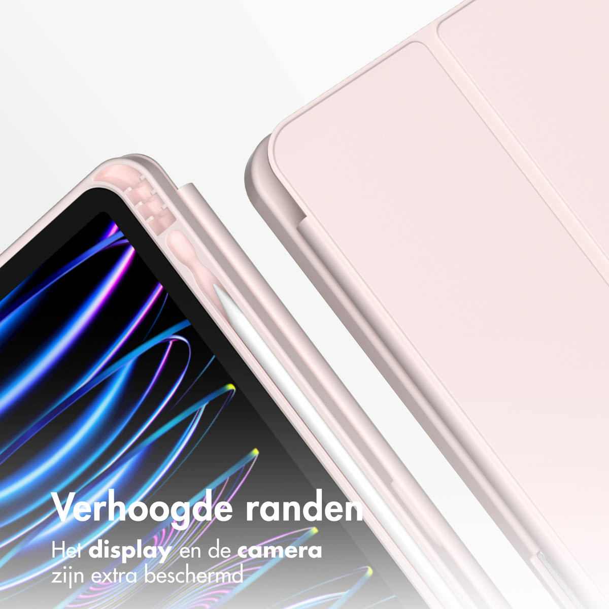 Roze tablet met beschermhoes, stylus en beeldscherm.
