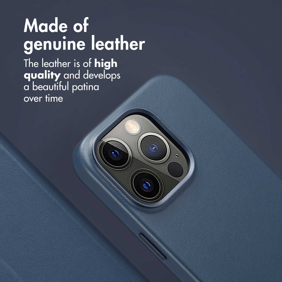 Coque en cuir bleu pour smartphone avec module multi-caméras.