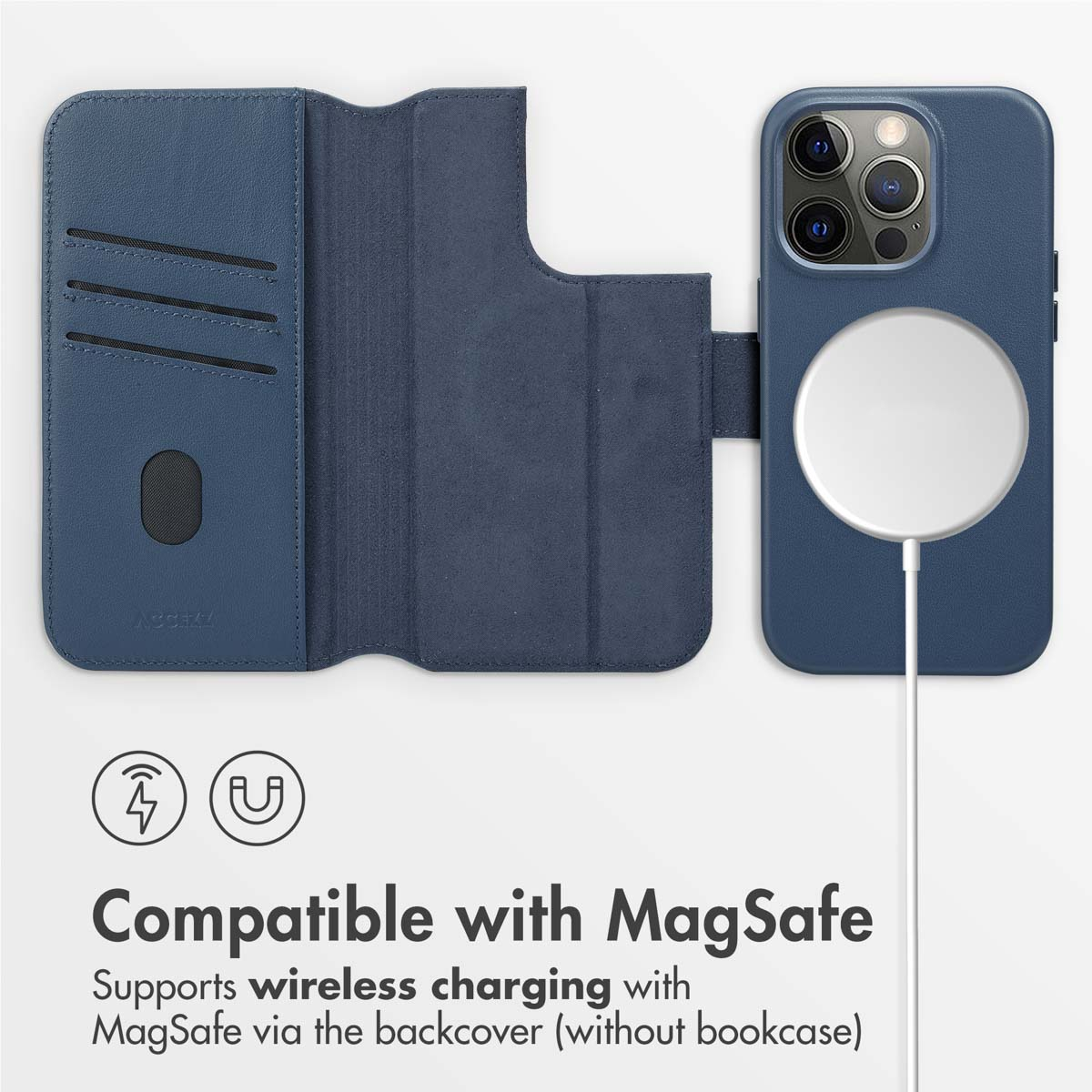 Coque de téléphone en cuir bleu MagSafe avec fentes pour cartes et galet de charge.