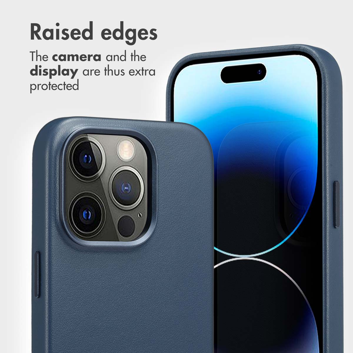 Smartphone bleu dans une coque de protection aux bords surélevés pour l'écran et l'appareil photo.
