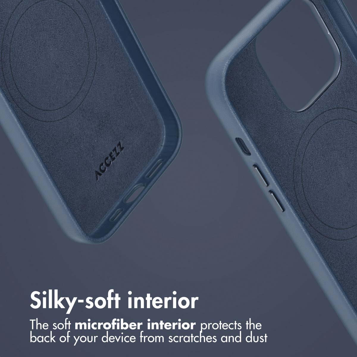 Coque de téléphone bleue avec intérieur doux en microfibre et texte explicatif.