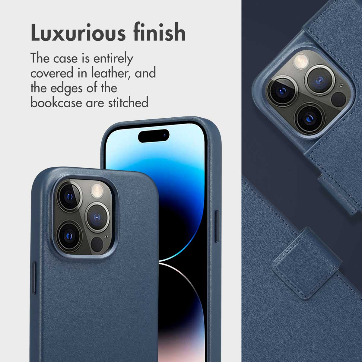 Une coque de téléphone en cuir bleu avec des bords cousus et un appareil photo.