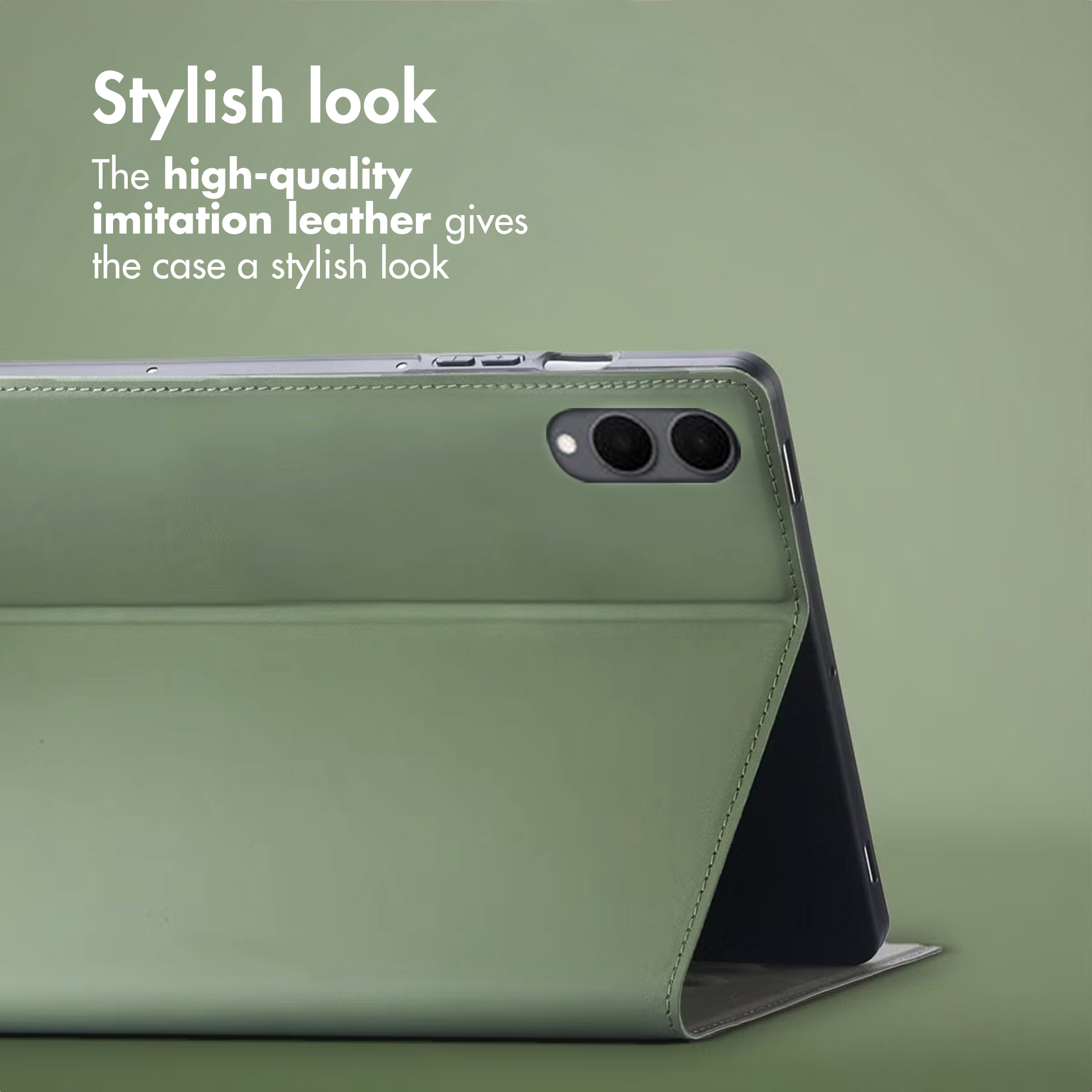 Une tablette dans un étui en cuir vert sauge se dresse sur un fond vert assorti avec du texte.