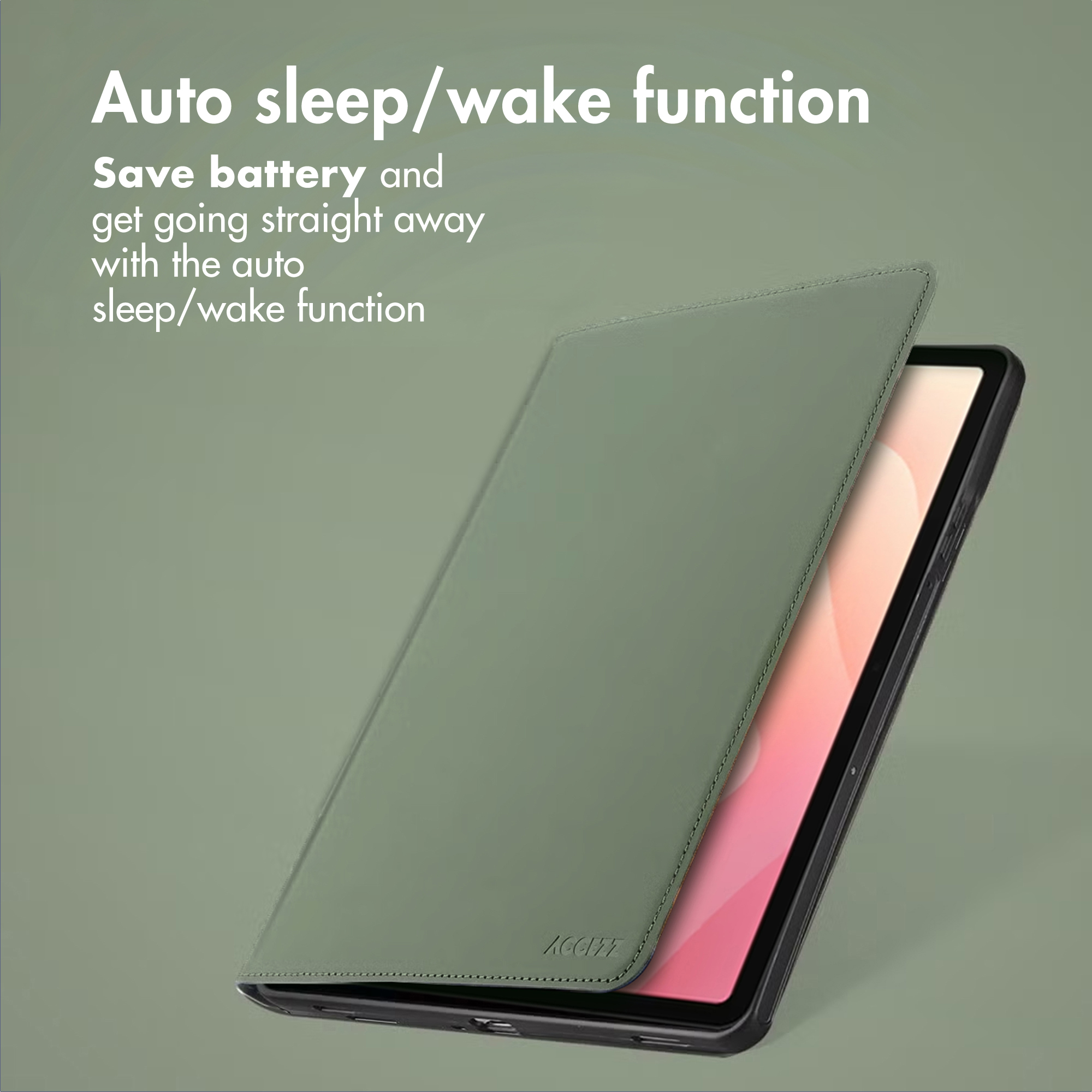 Étui de tablette vert avec fonction veille/réveil automatique sur fond vert.