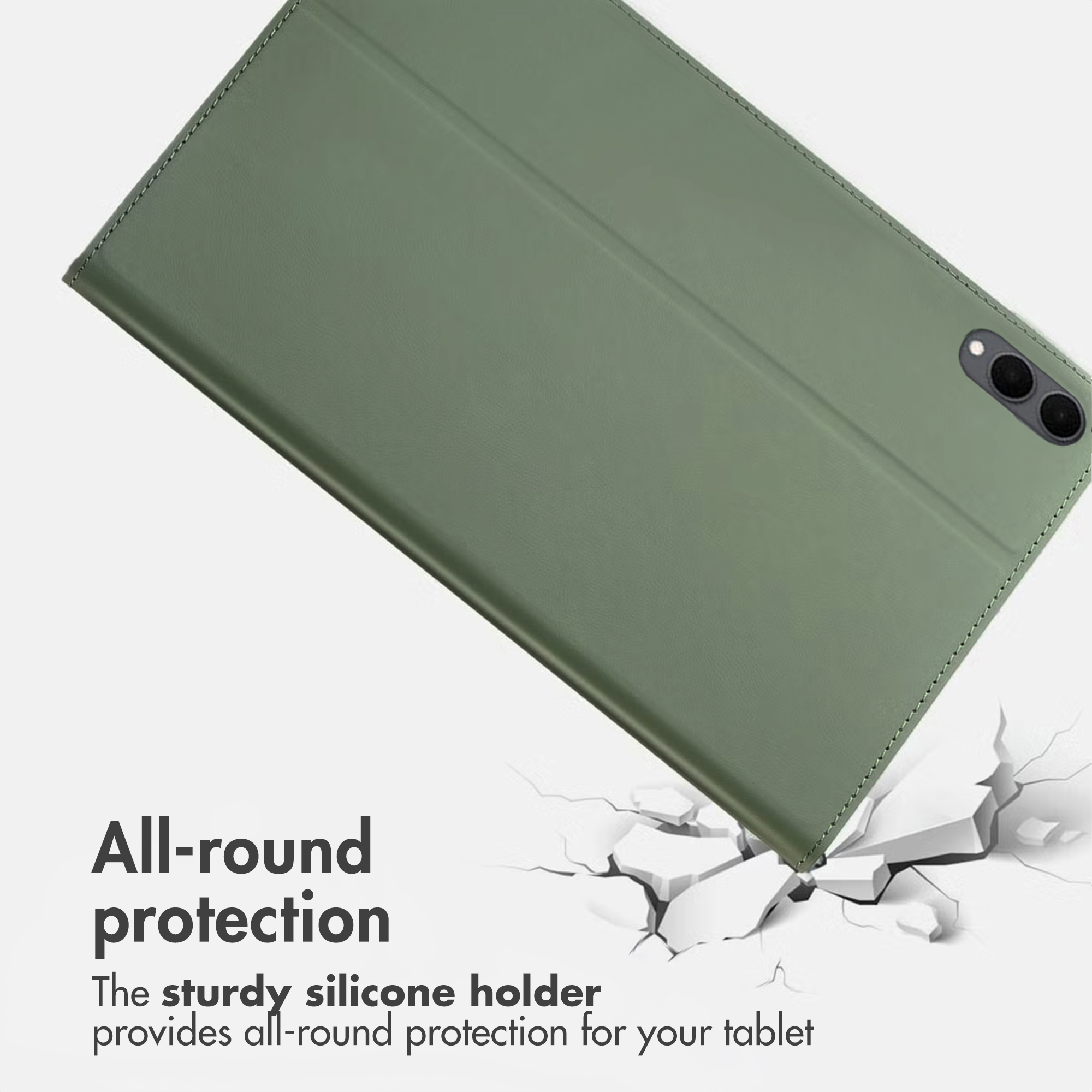 Étui de tablette vert sur fond blanc craquelé avec du texte.