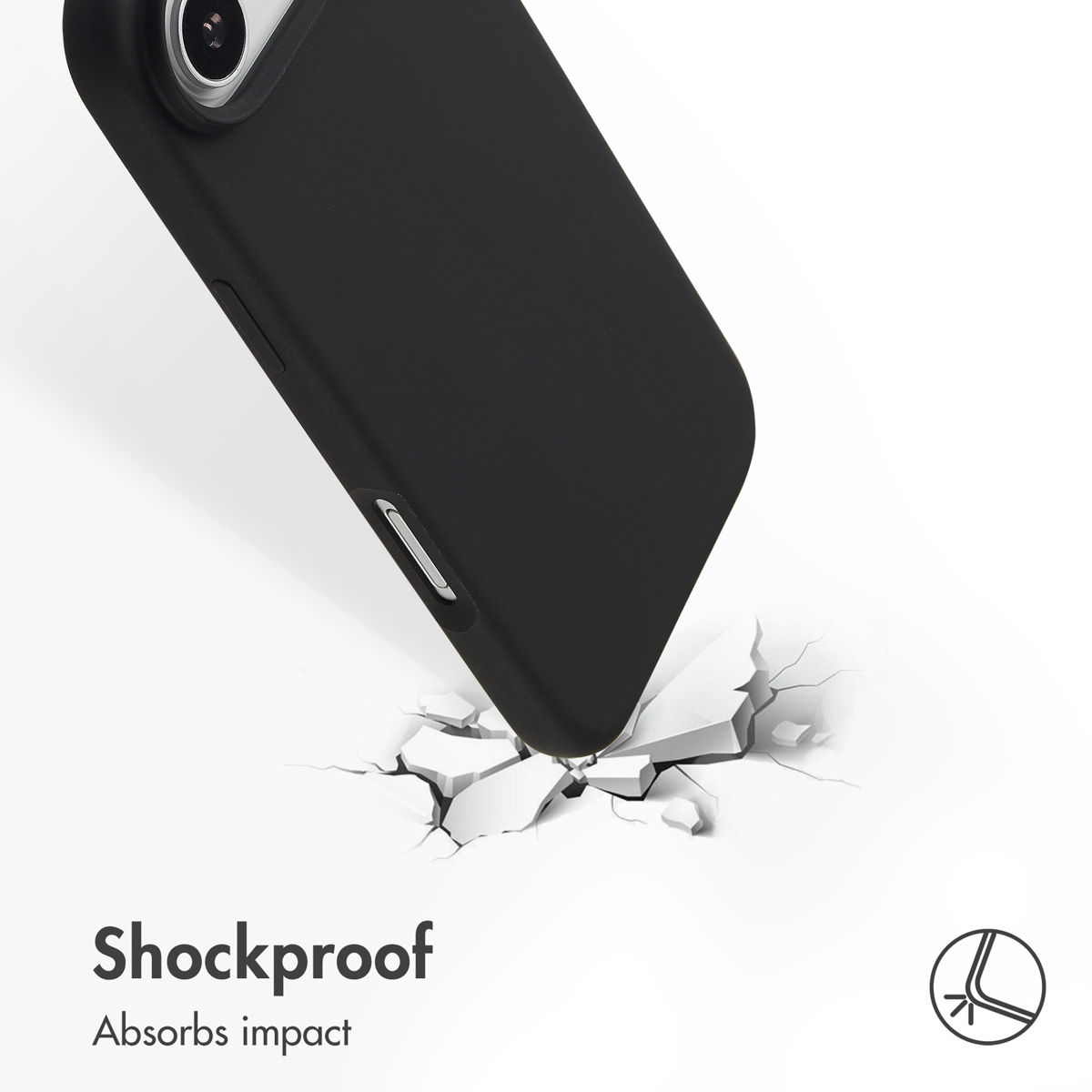 Un smartphone negro golpea y agrieta el suelo, mostrando protección contra impactos.