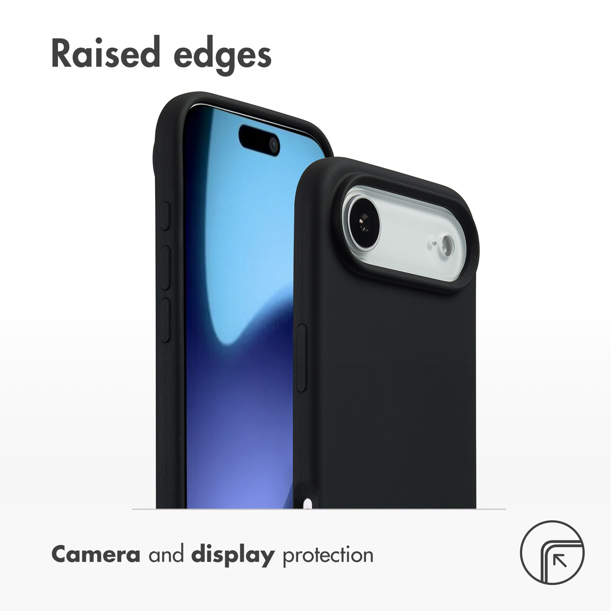 Dos fundas protectoras negras muestran bordes elevados para la protección de cámara y pantalla.
