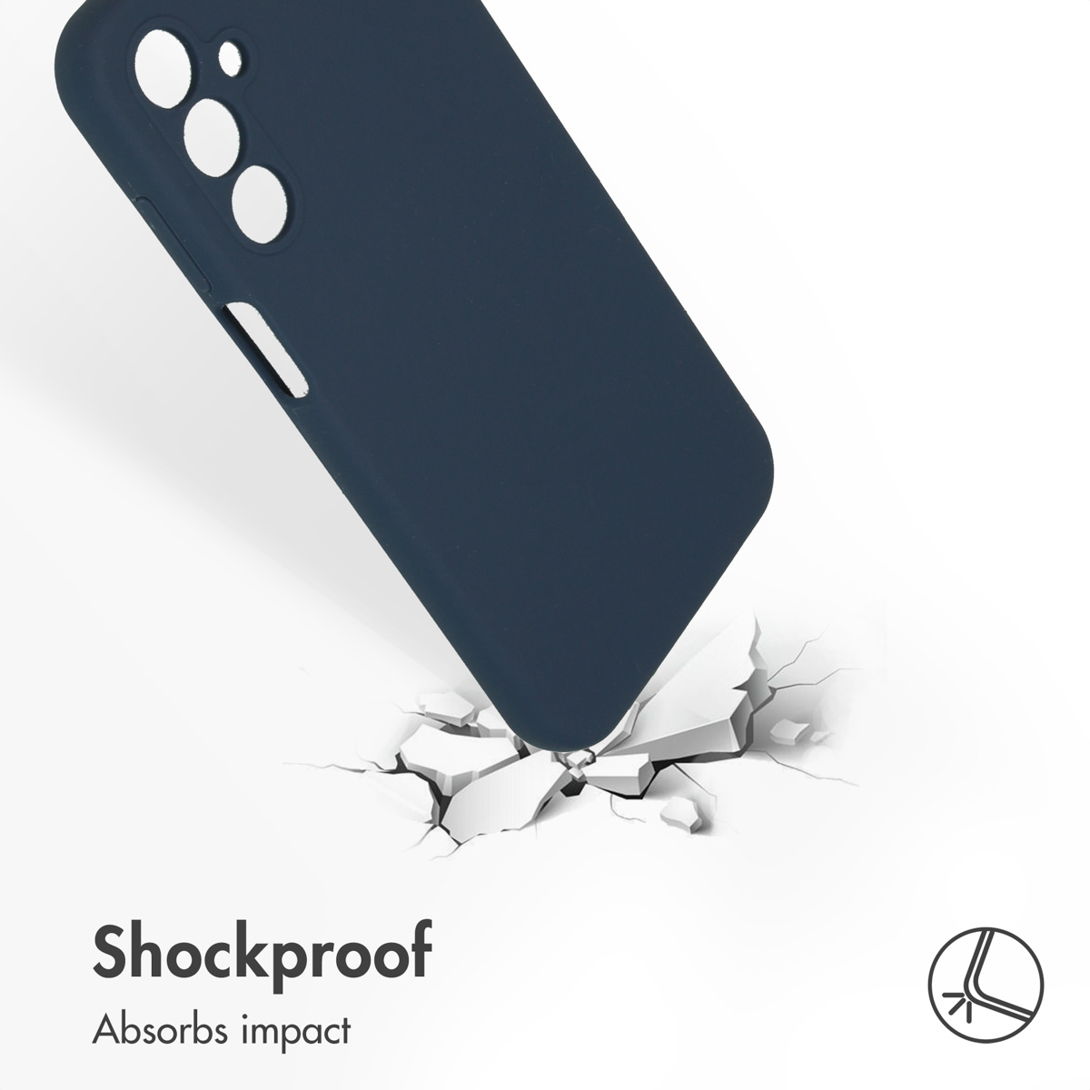 Une coque bleu foncé frappant une surface fissurée, illustrant la protection.