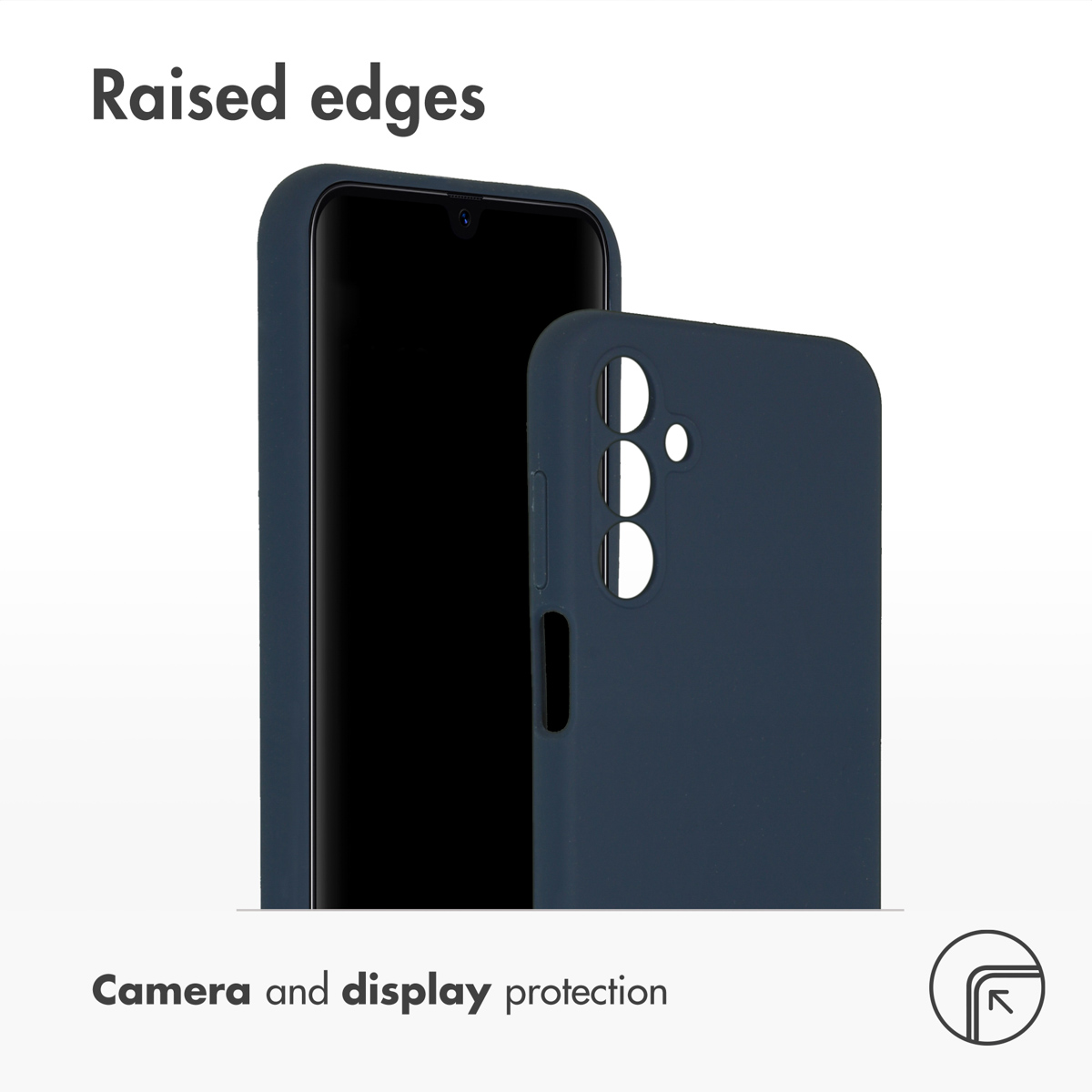 Une coque de téléphone bleu foncé avec des bords surélevés pour protéger l'appareil photo et l'écran.