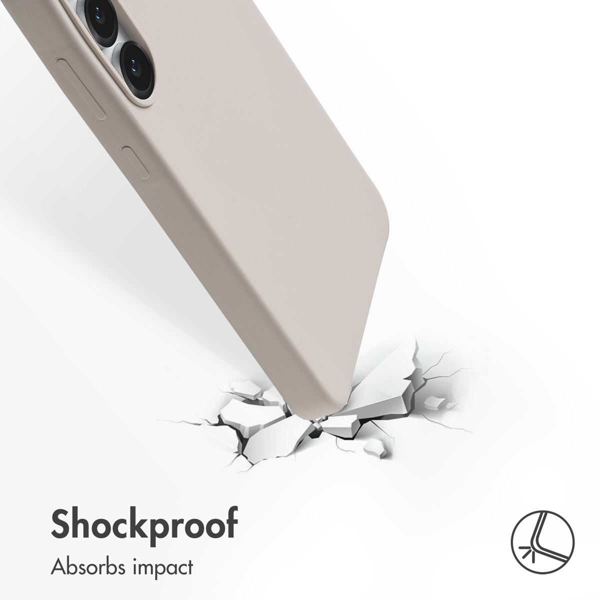 Un angolo di smartphone color crema colpisce una superficie bianca che si incrina. Testo: Shockproof Absorbs impact.