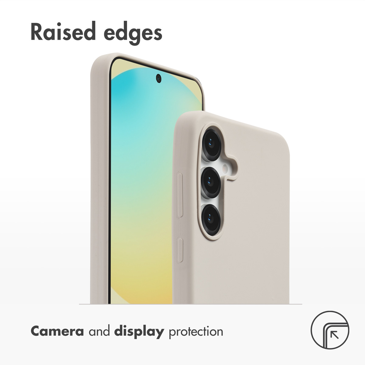 Custodita beige per telefono con bordi rialzati per proteggere schermo e fotocamera.