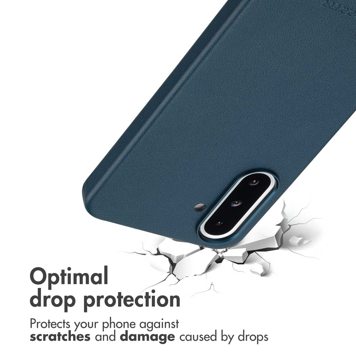 Fundas de móvil azul sobre fondo blanco agrietado con texto.