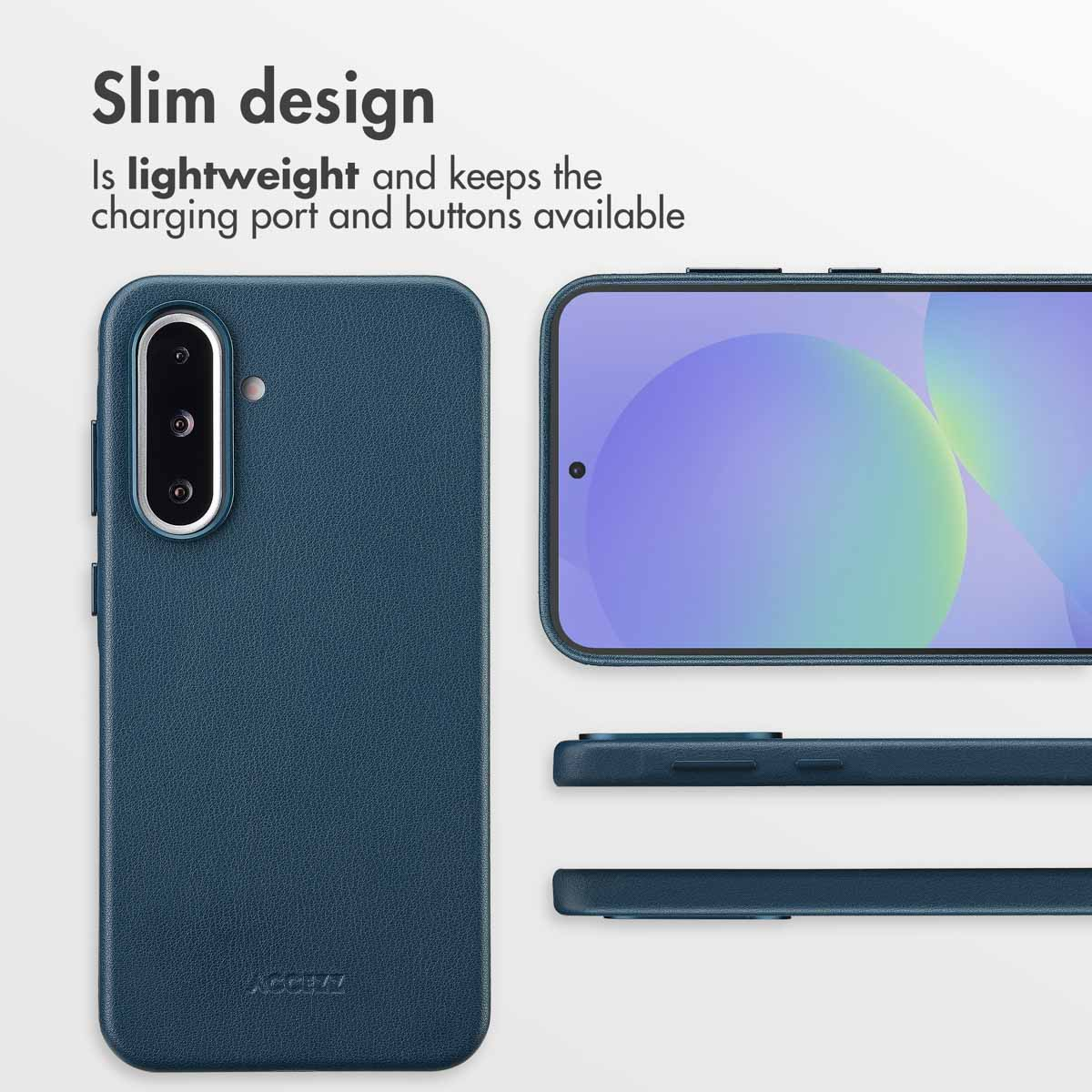 Funda azul para smartphone, delgada y ligera, que deja accesibles puertos y botones.