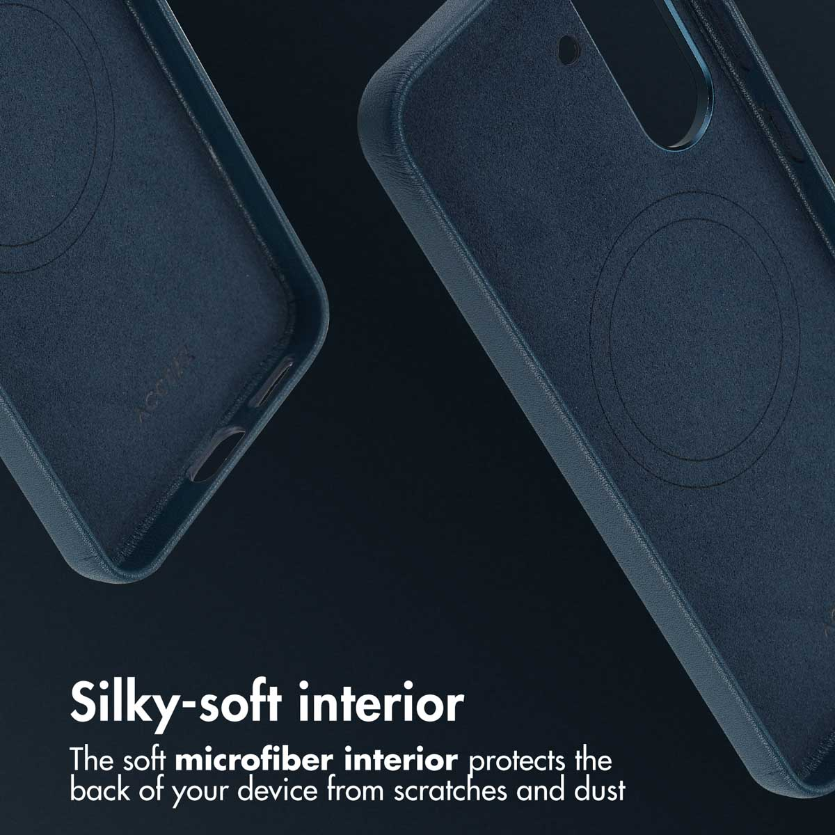 Fundas de teléfono azul oscuro con interior de microfibra suave sobre fondo oscuro.