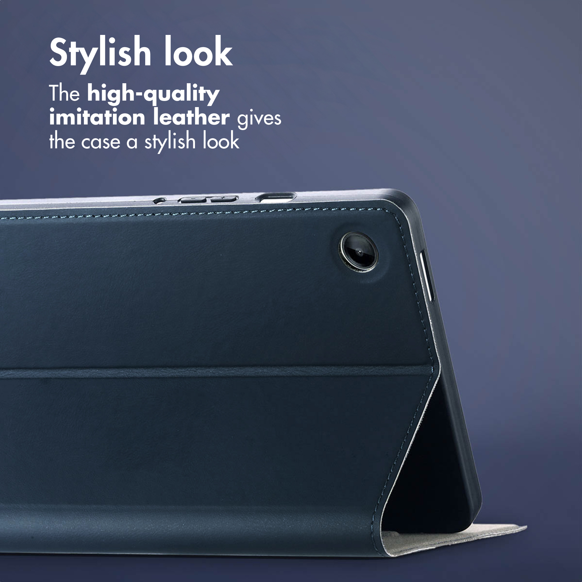 Dark blue faux leather tablet case with camera cutout and text on top left against a purple background.