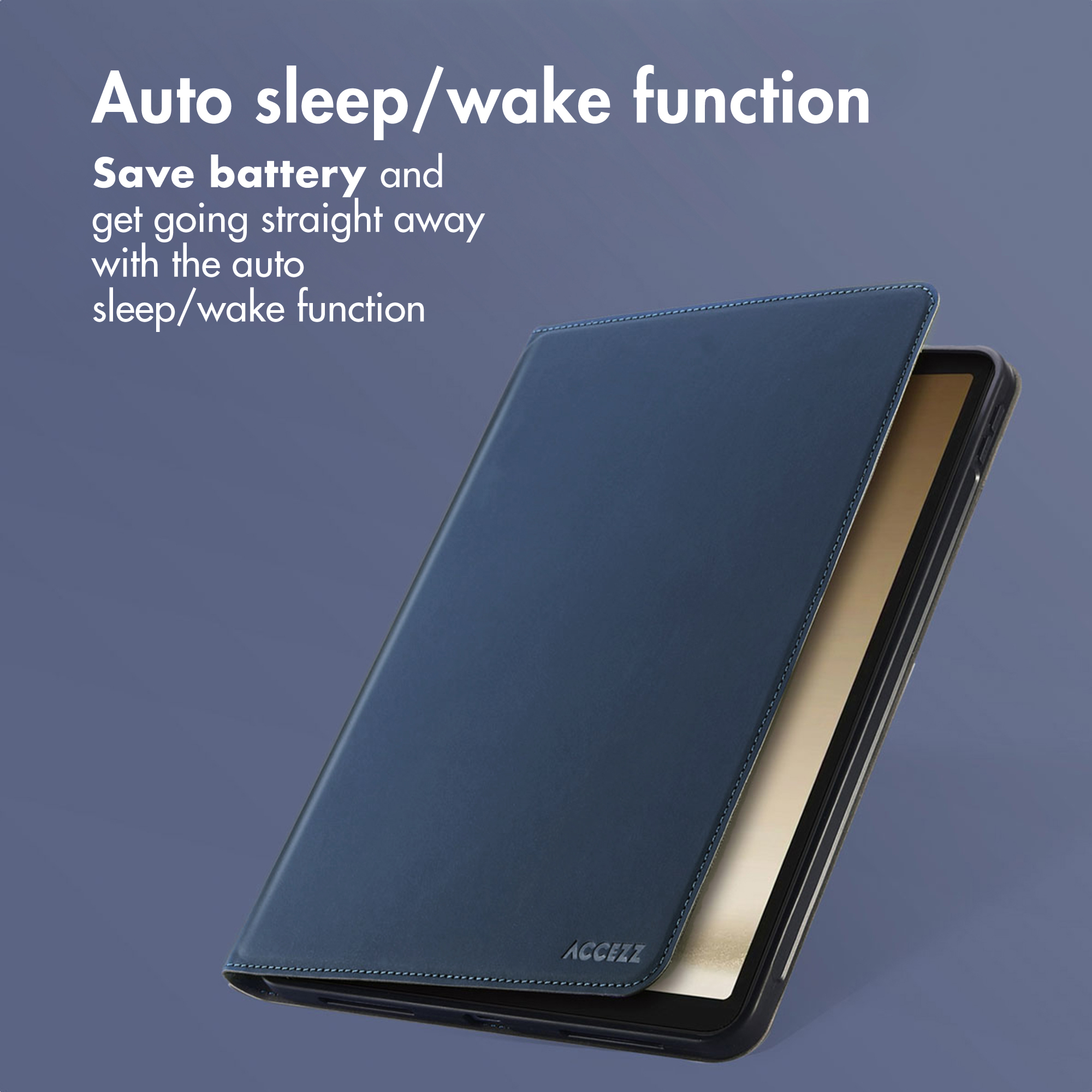 A blue tablet case on a tablet with text highlighting its auto sleep/wake function against a dark background.
