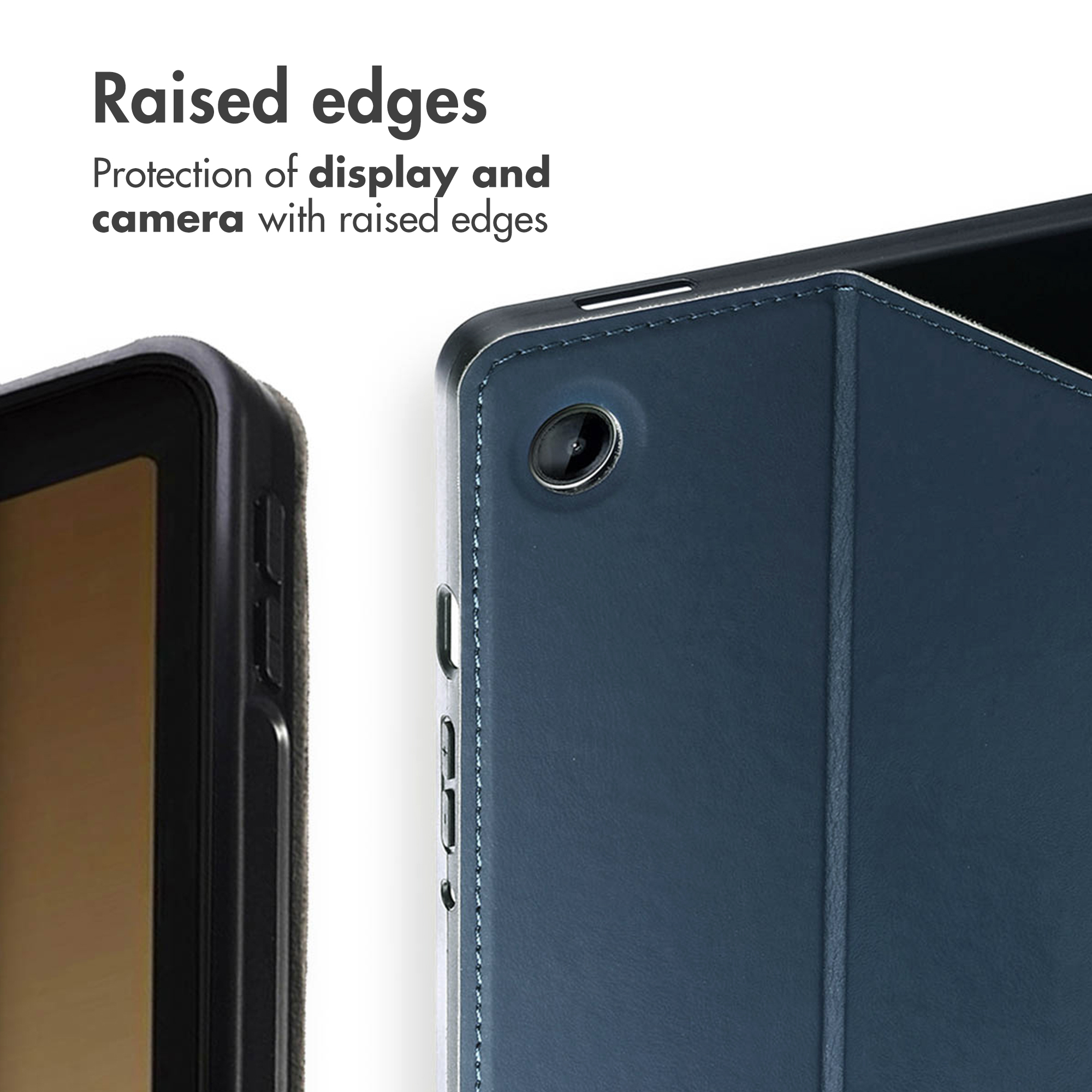 Blue tablet case with raised edges for display and camera protection.