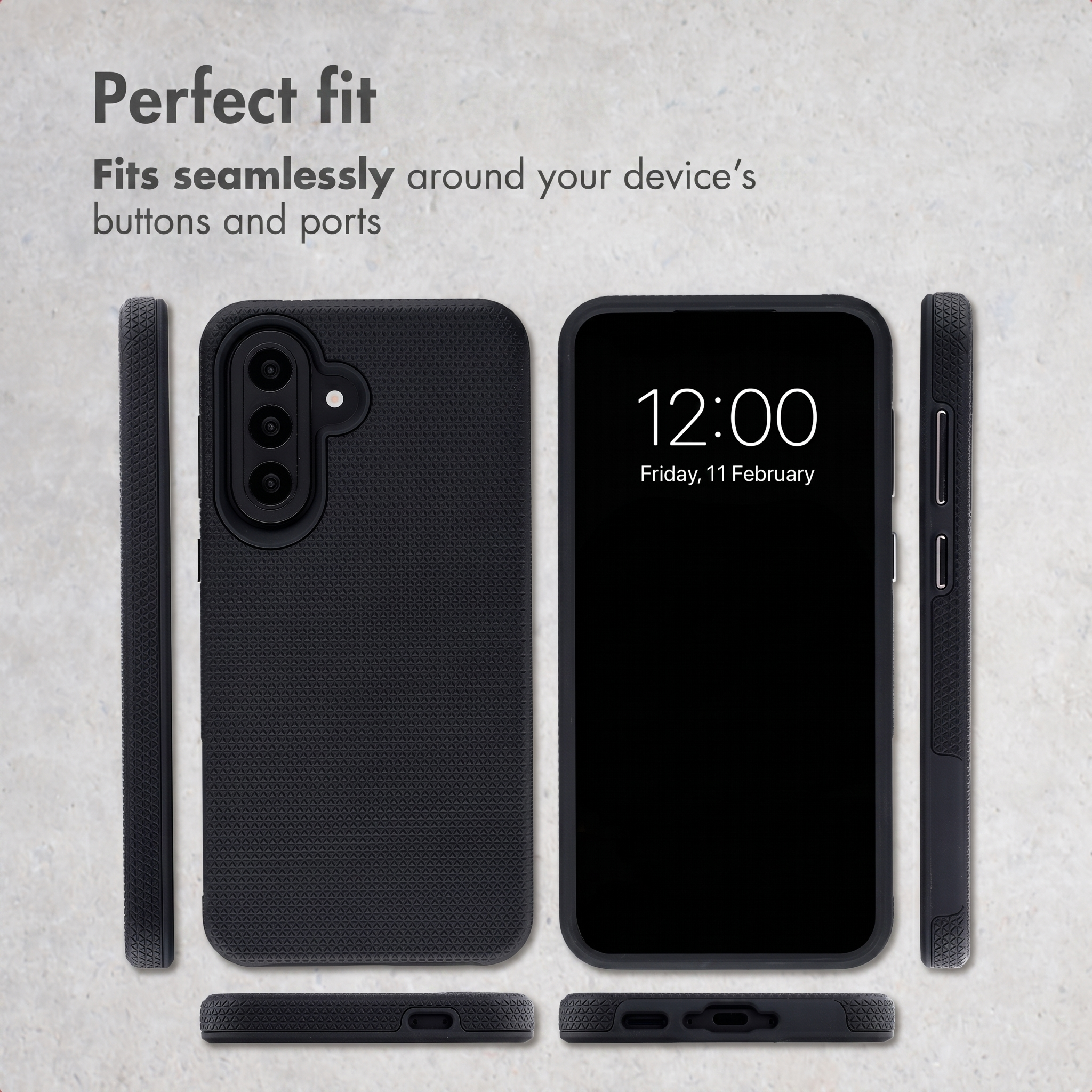 Coque de protection noire texturée, montrée sous plusieurs angles avec un smartphone.