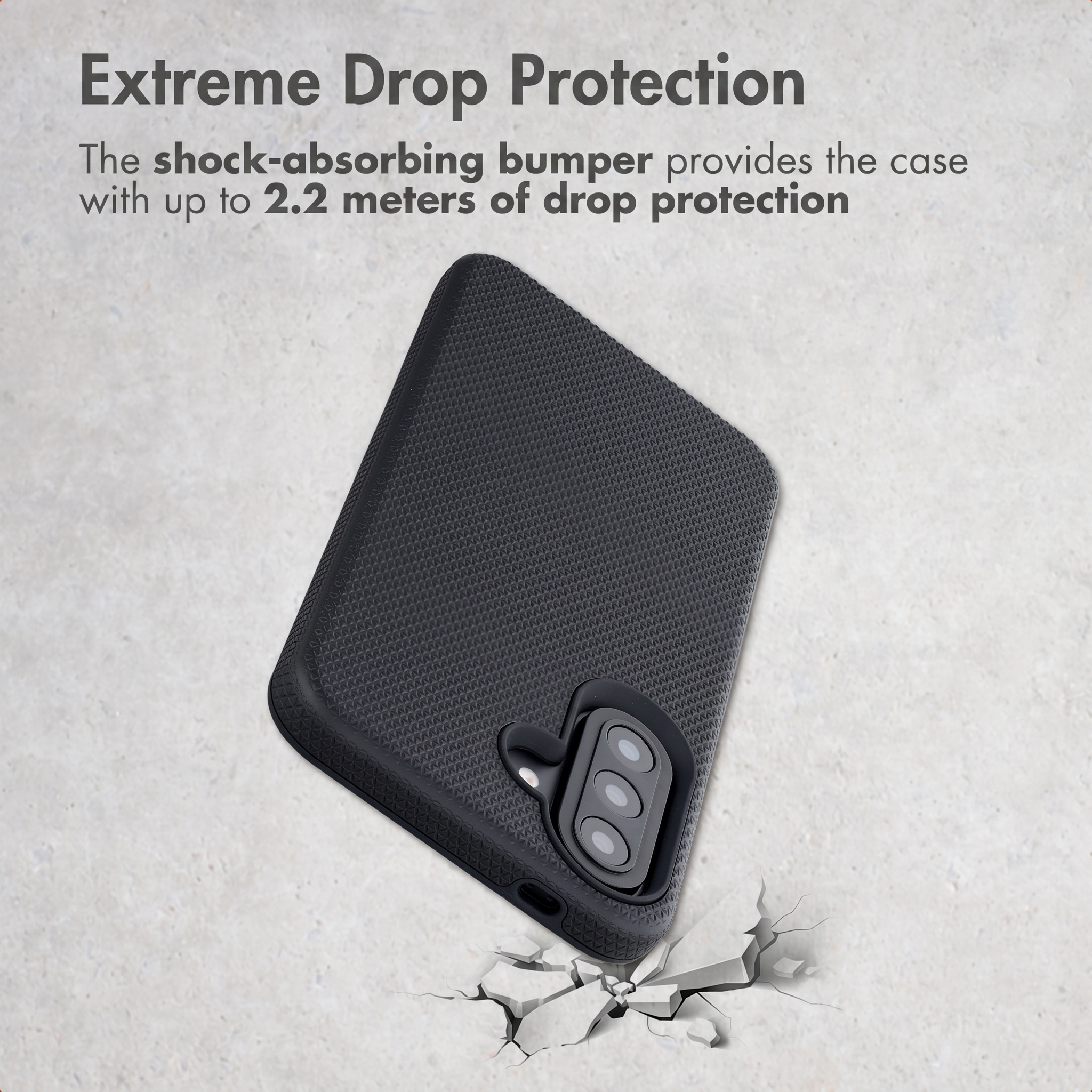 Une coque de téléphone noire texturée sur fond de béton, montrant une protection anti-chute.