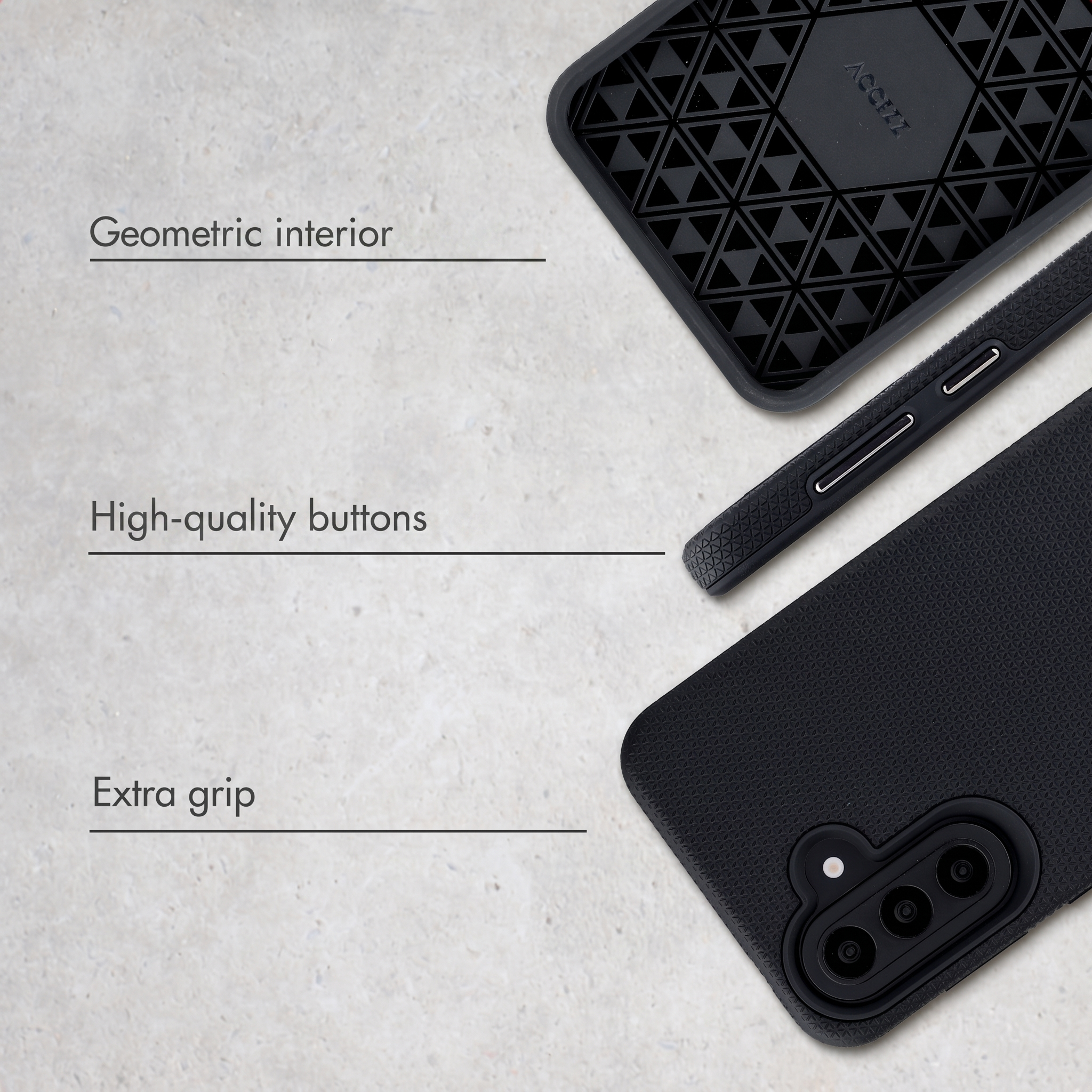 Coque de téléphone noire avec intérieur géométrique, boutons de qualité et prise en main sur fond clair.