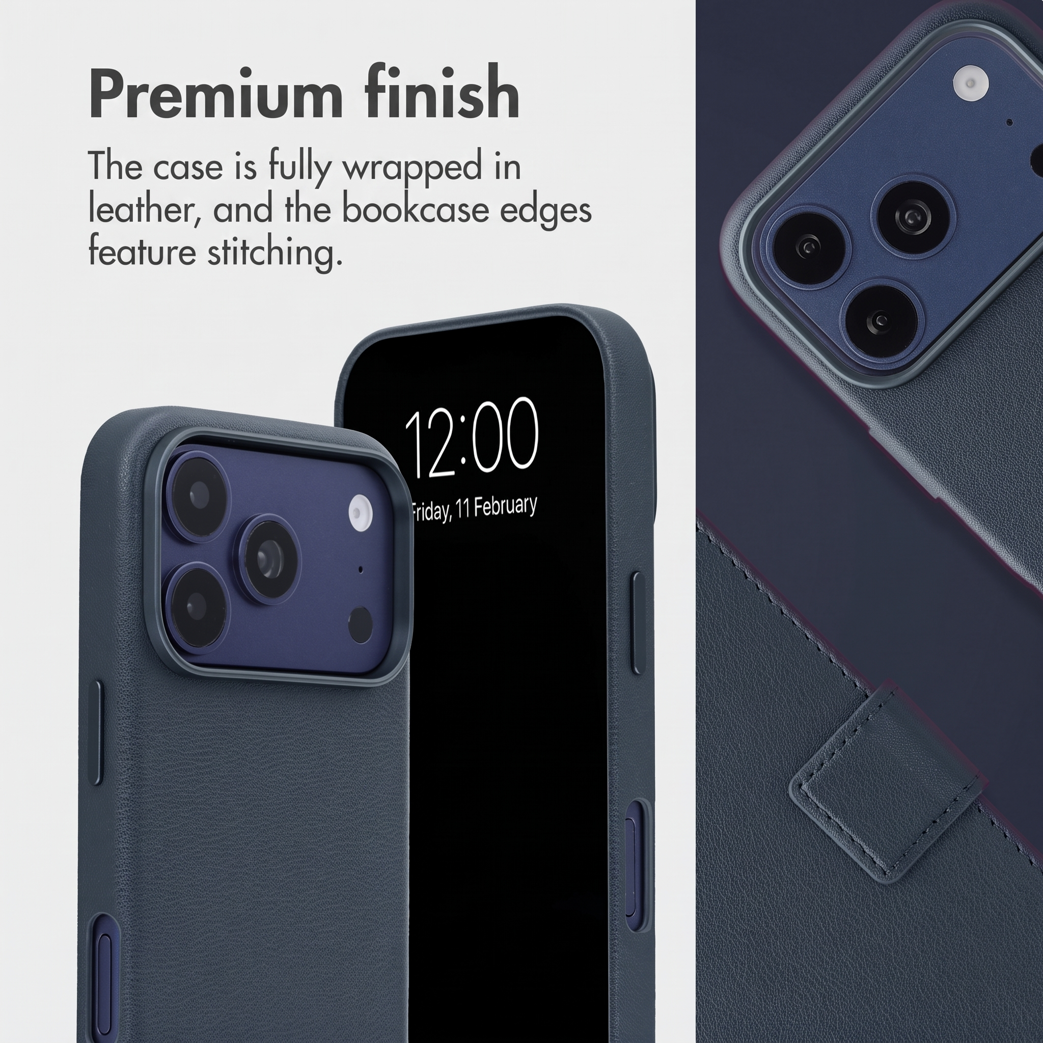 Coque de smartphone en cuir bleu avec coutures visibles et texte.