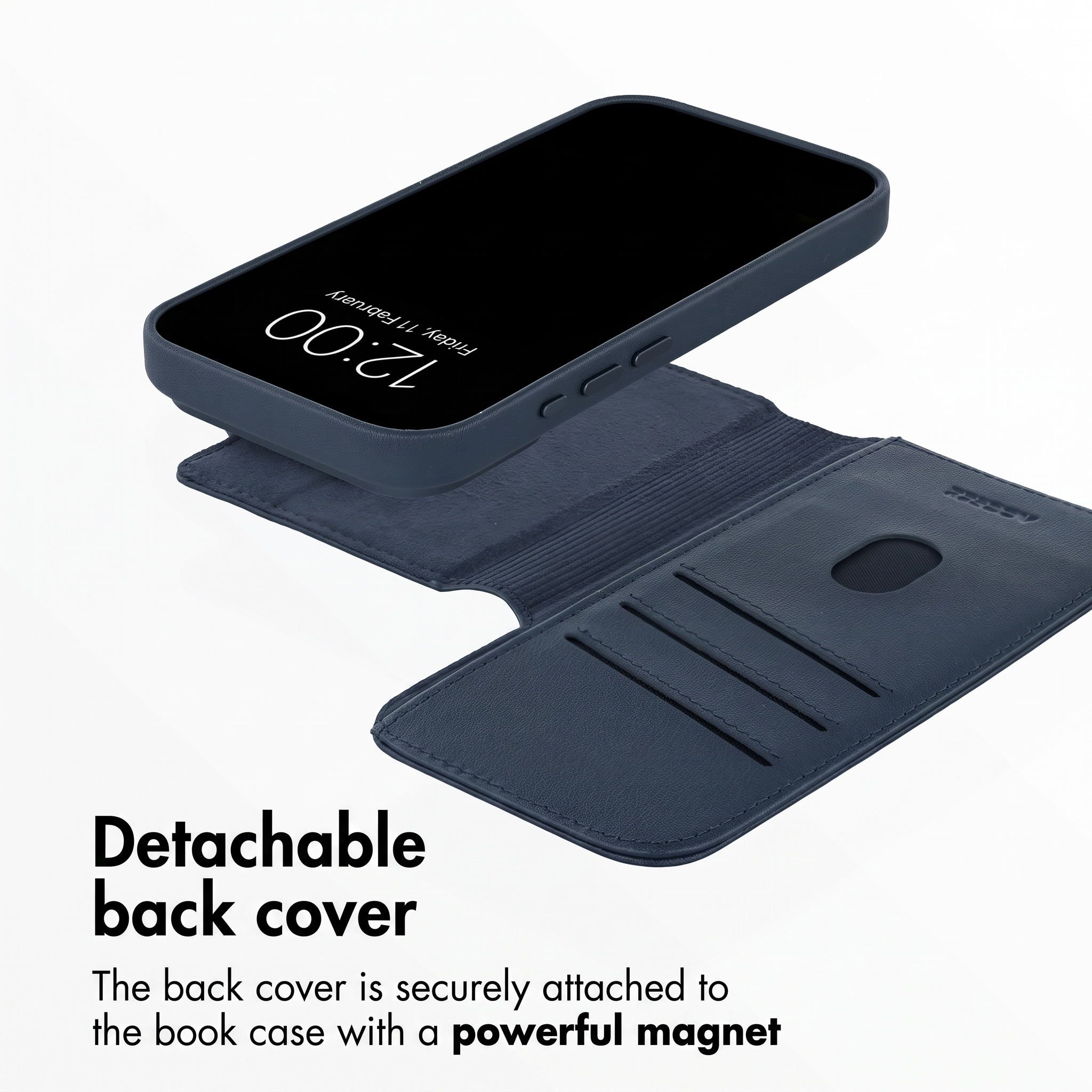 Coque de téléphone bleue avec étui amovible et fentes pour cartes sur fond blanc.