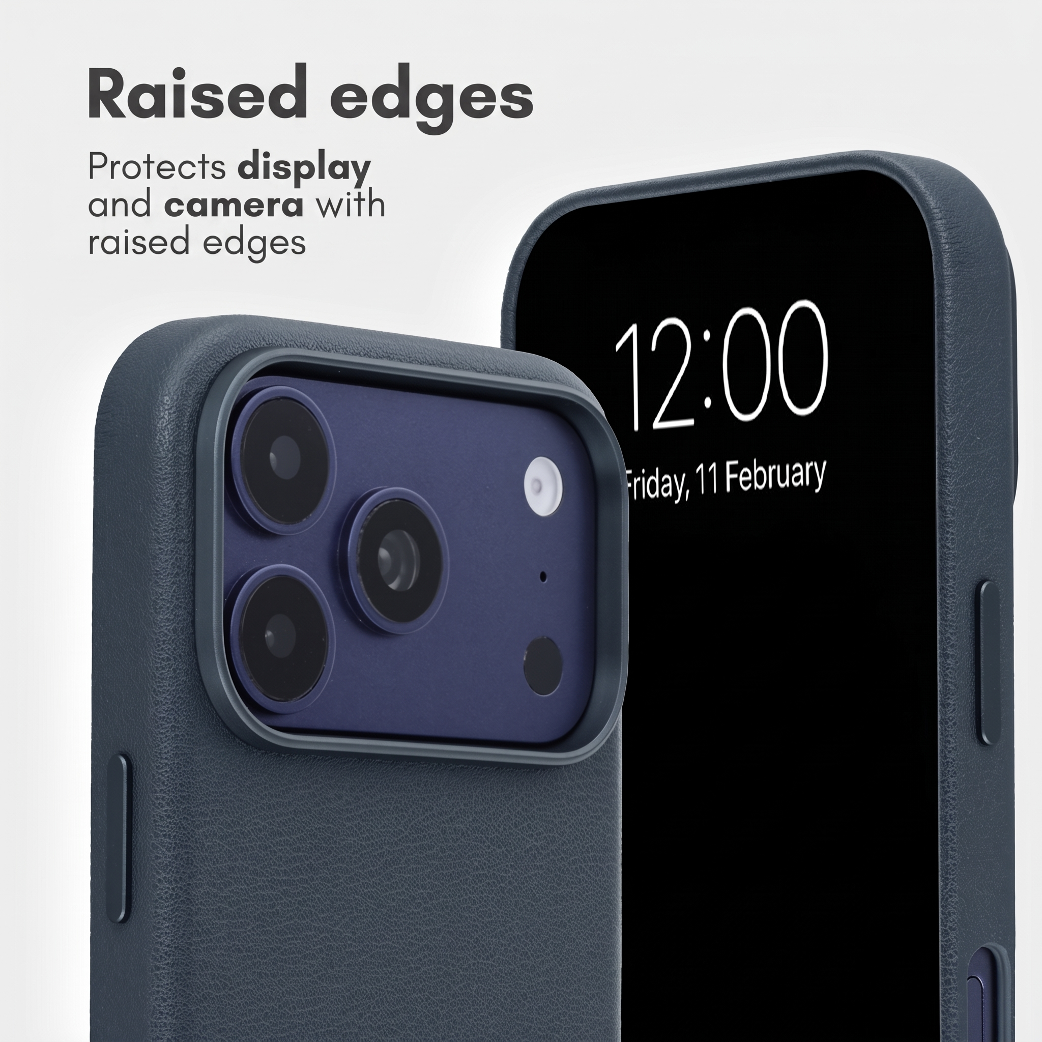 Coque de smartphone bleue avec bords surélevés protégeant l'écran et la caméra.