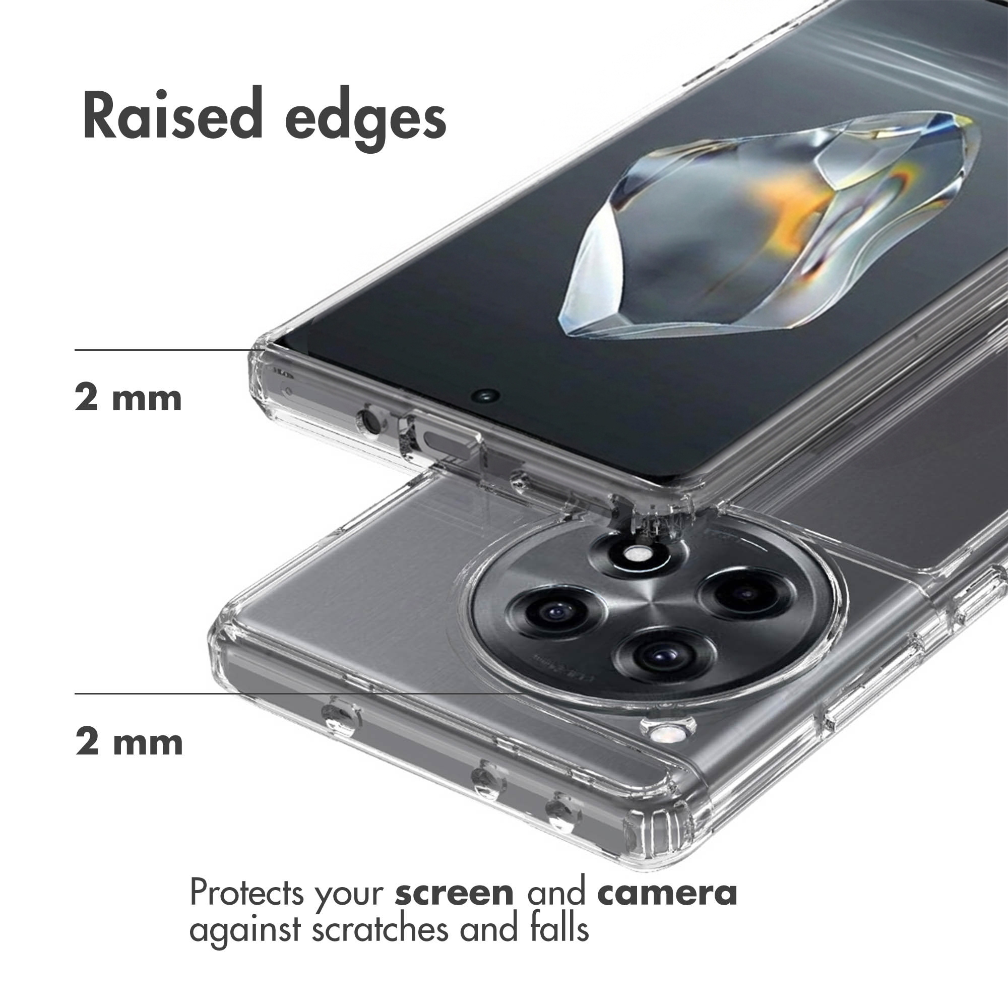 Funda transparente con bordes elevados de 2 mm para proteger pantalla y cámara.