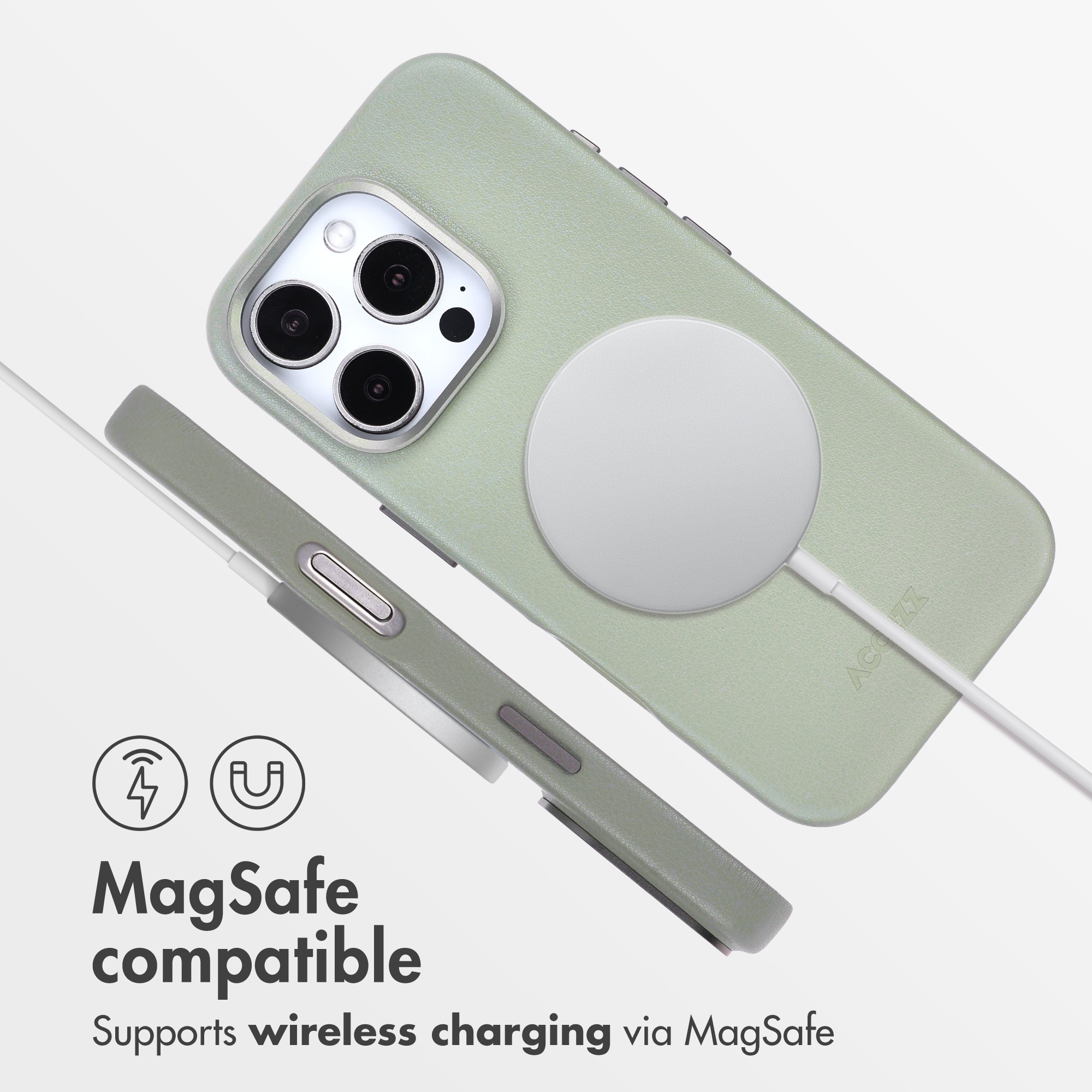 Coque de téléphone verte avec chargeur MagSafe et vue latérale sur fond blanc.