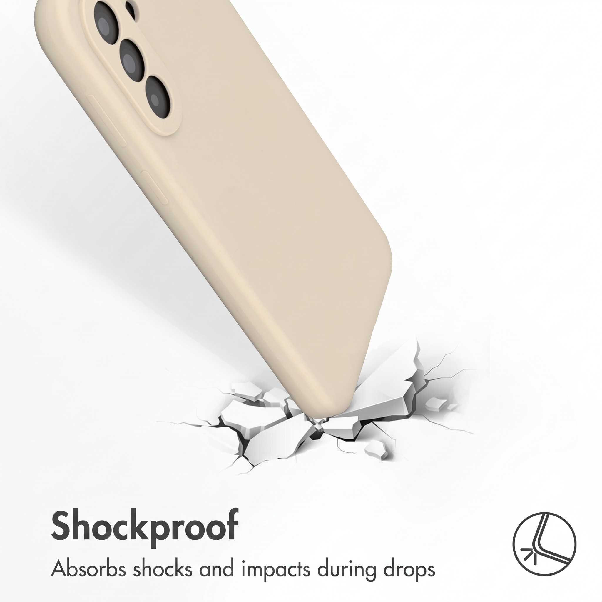 Une coque de téléphone beige frappe un sol blanc fissuré, illustrant la protection antichute.