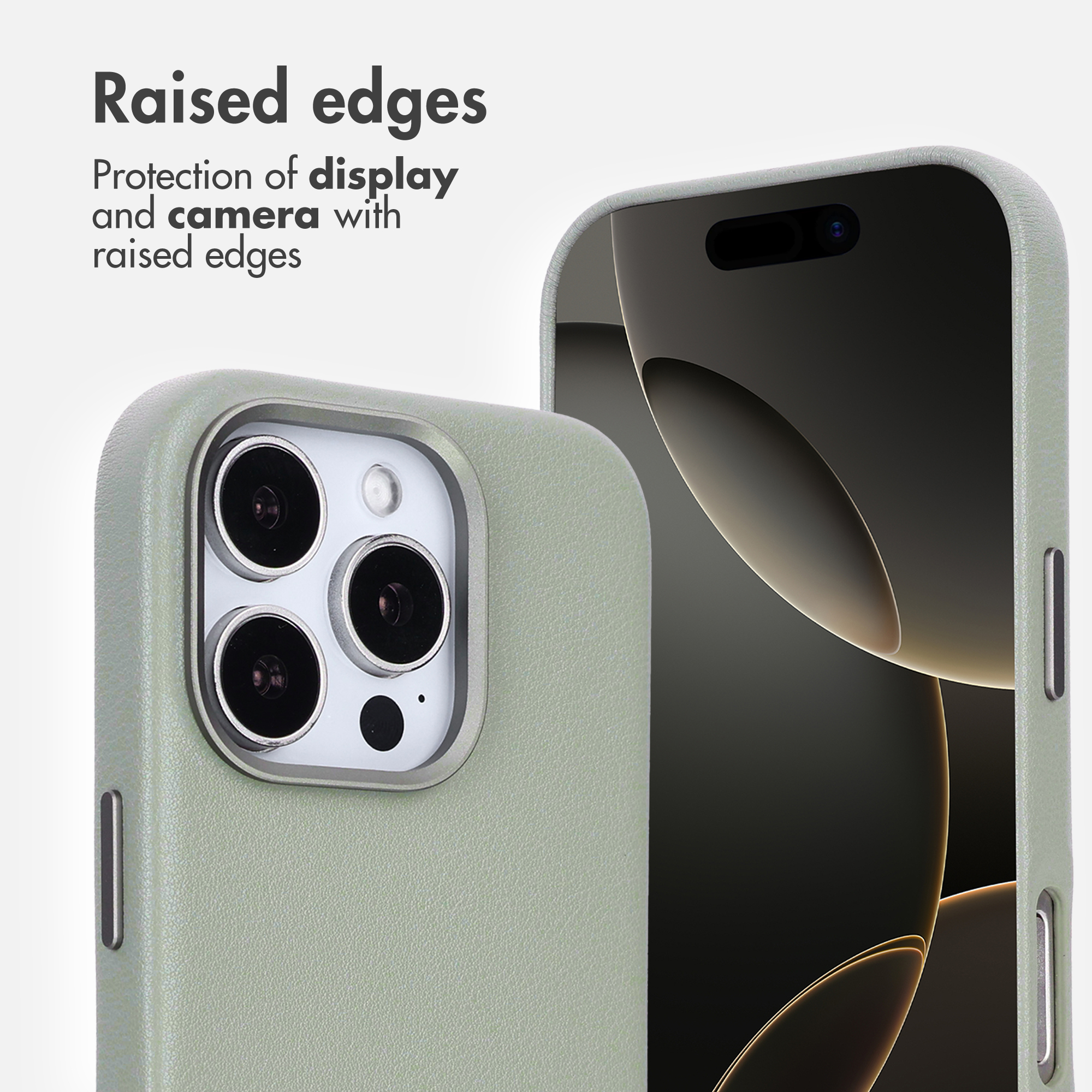Smartphone vert avec coque protectrice montrant des bords surélevés pour l'écran et l'appareil photo.