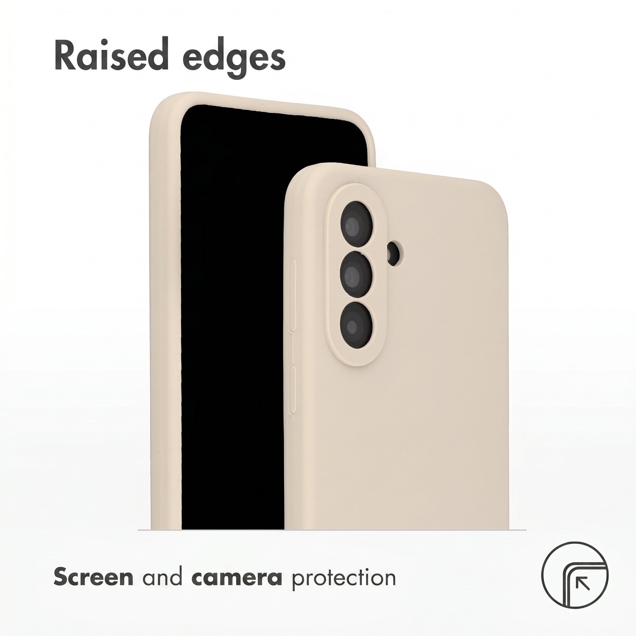 Coque de smartphone beige avec bords surélevés pour la protection de l'écran.