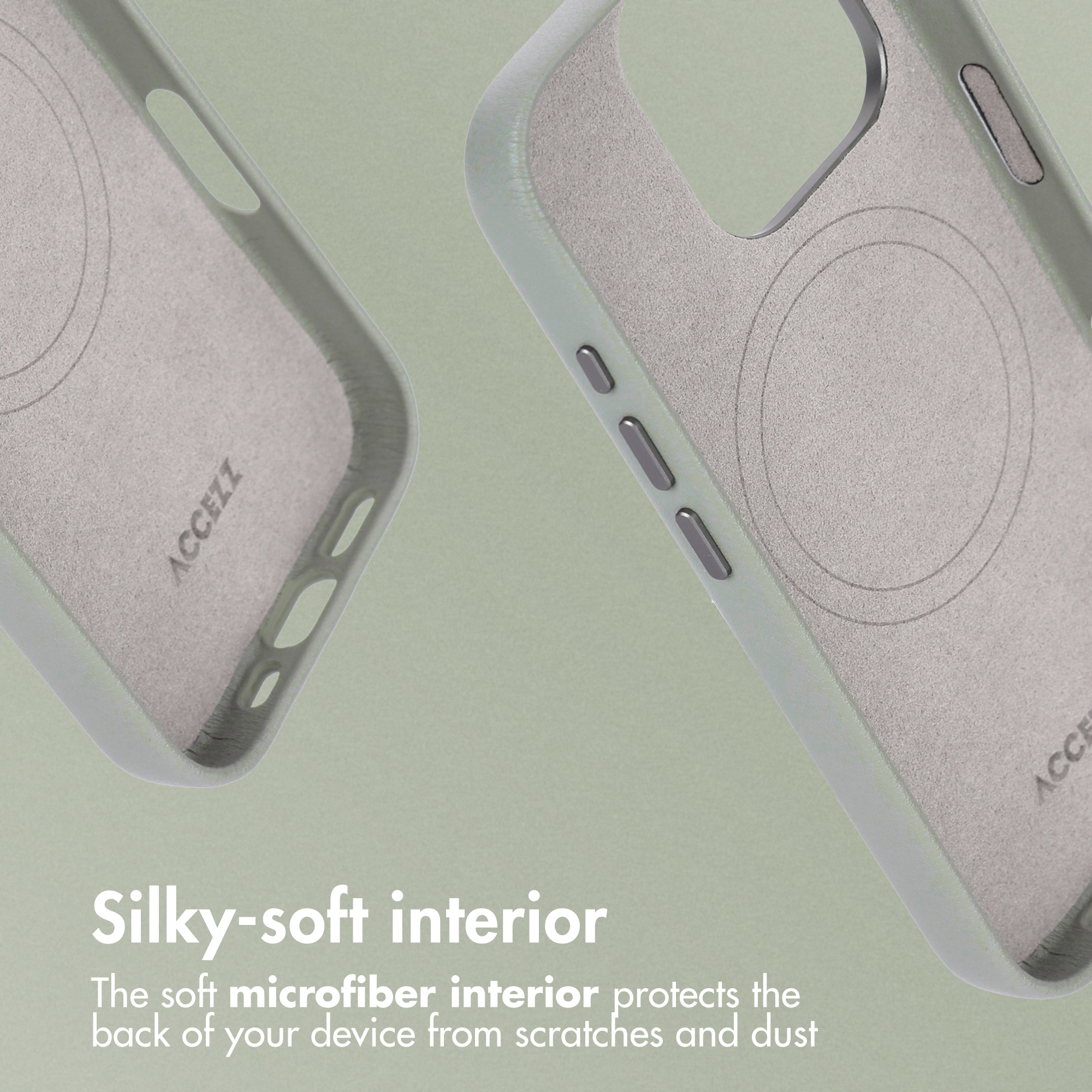 Deux coques de smartphone grises avec intérieur en microfibre douce sur fond vert clair.
