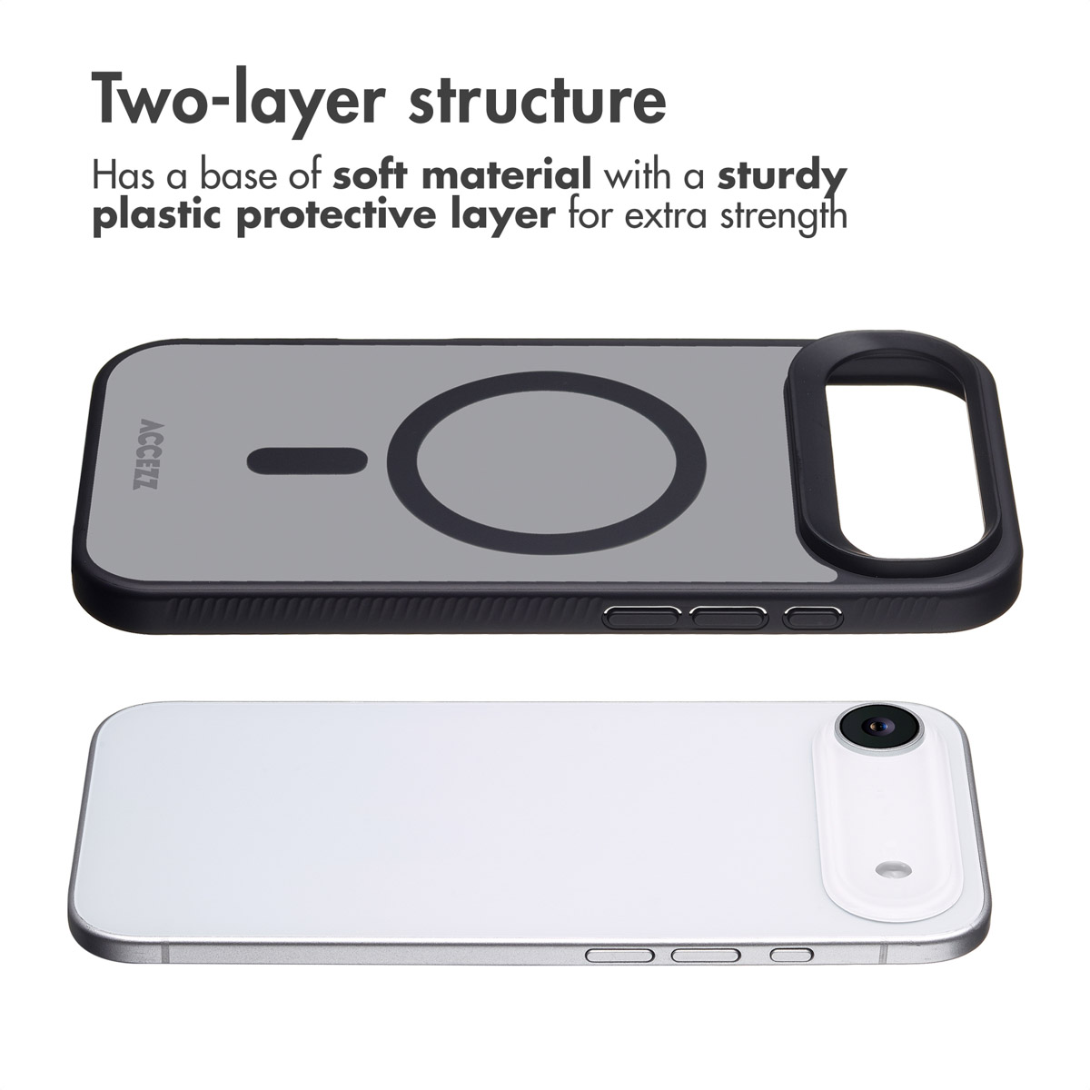 Fundas de dos capas con base suave y capa de plástico resistente, mostradas sobre un teléfono blanco.