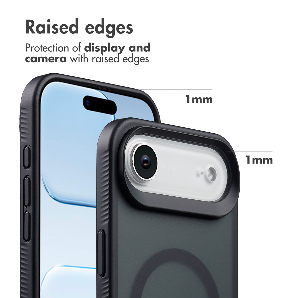 Smartphone en funda protectora con bordes elevados de 1 mm para pantalla y cámara.