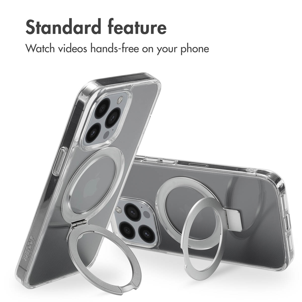 Deux coques de téléphone transparentes avec anneaux métalliques faisant office de supports.
