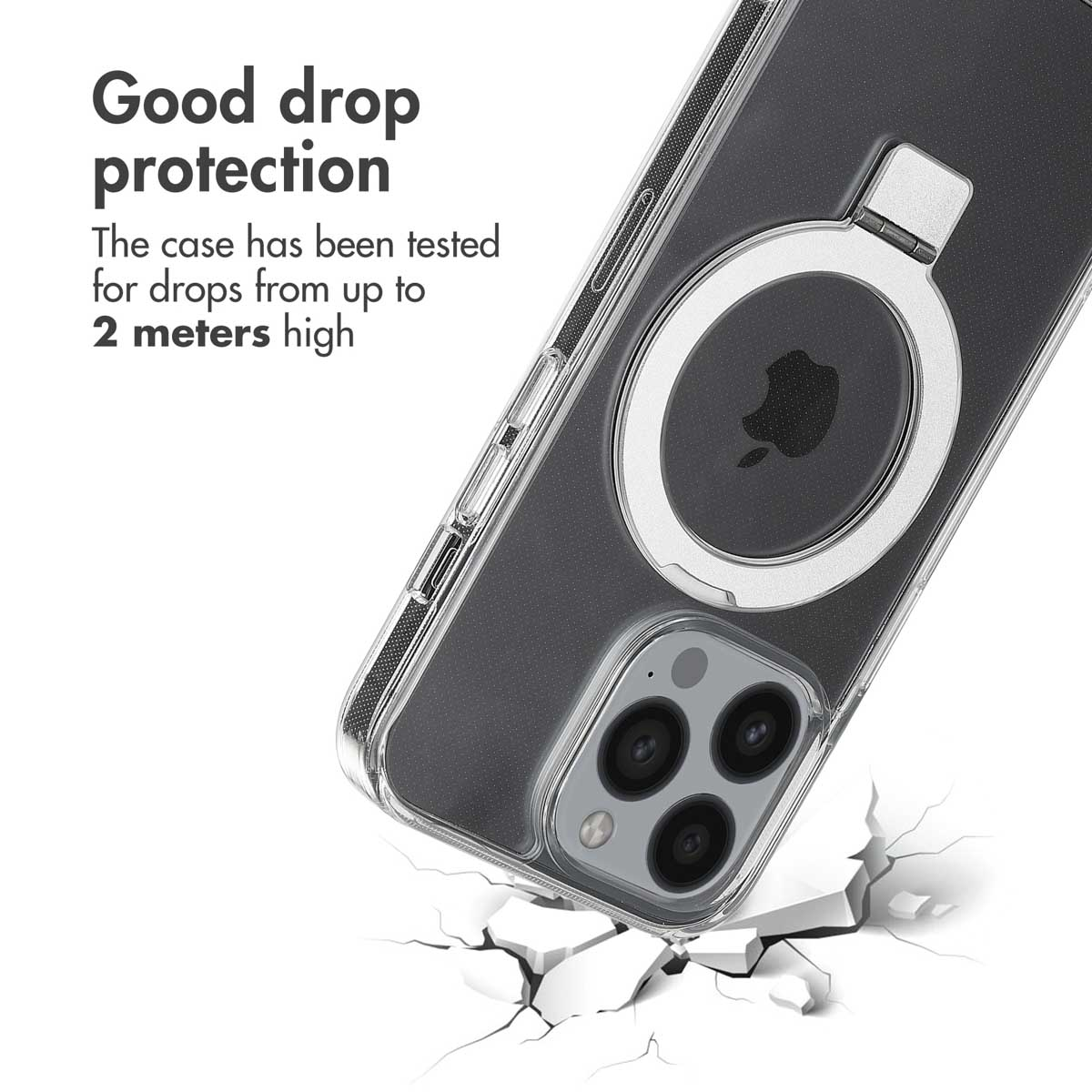 Coque transparente avec anneau magnétique et texte de protection.