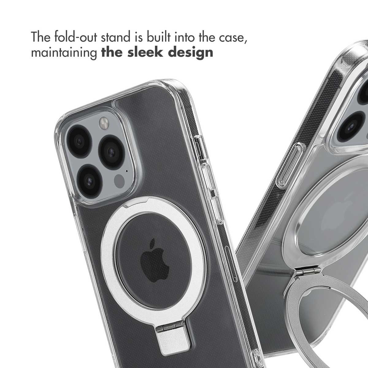 Deux coques d'iPhone transparentes avec supports pliables intégrés, montrant l'arrière avec le logo Apple.