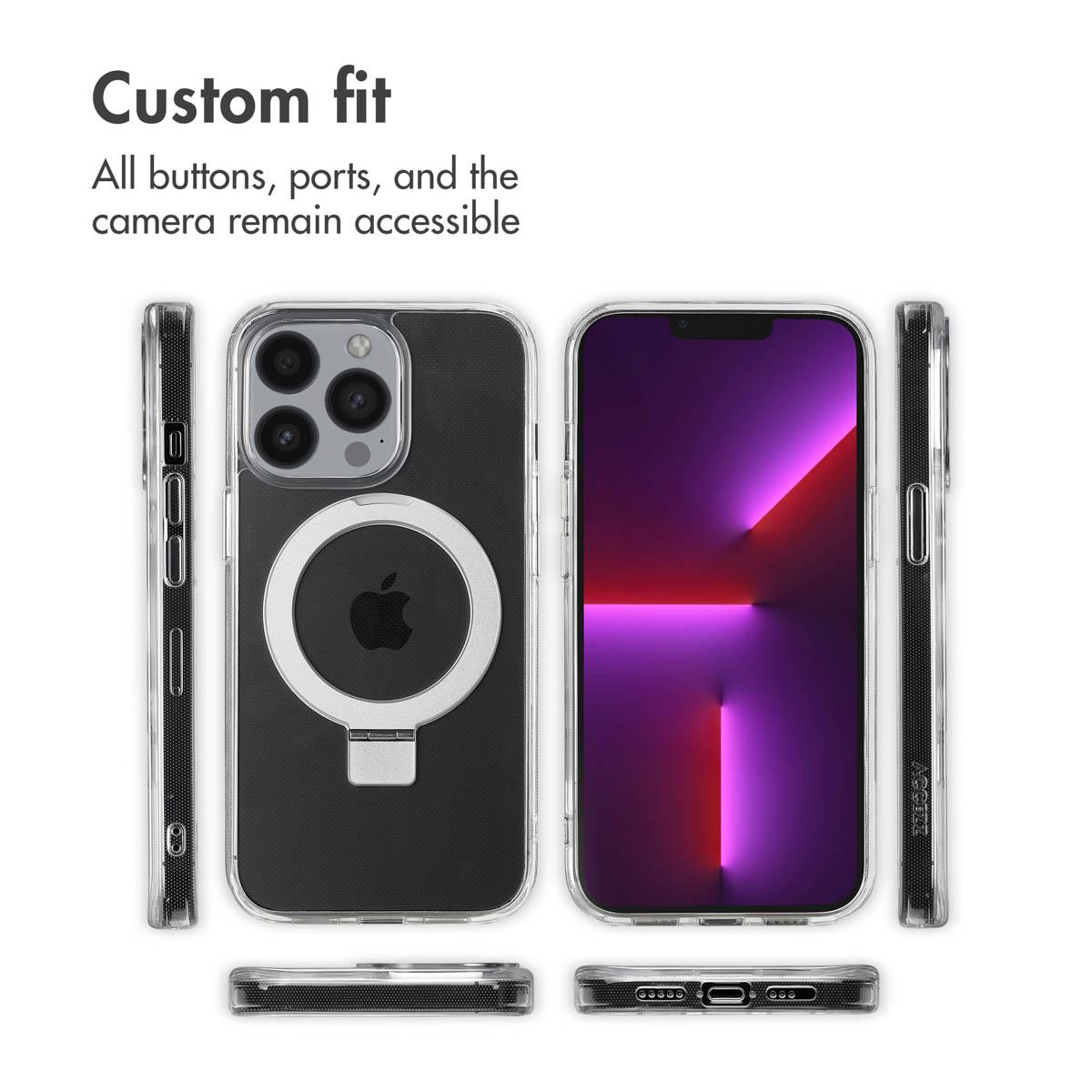 Coque iPhone transparente avec anneau MagSafe, béquille et boutons accessibles sous plusieurs angles.