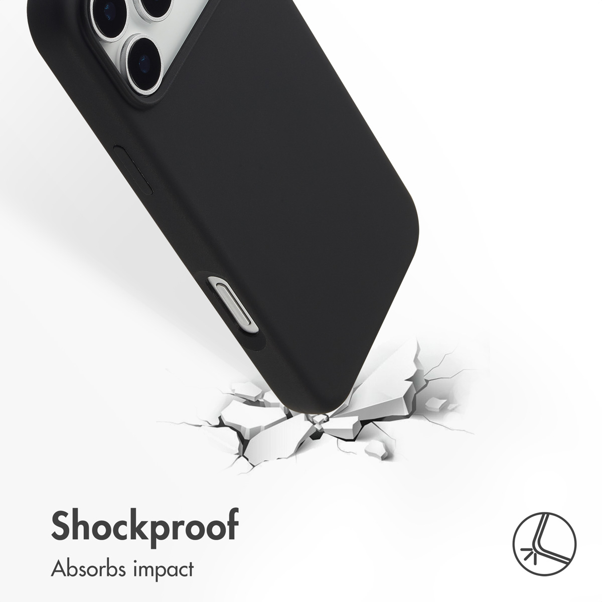 Una funda negra protege el teléfono, golpeando una superficie blanca agrietada con texto Antigolpes Absorbe impactos.